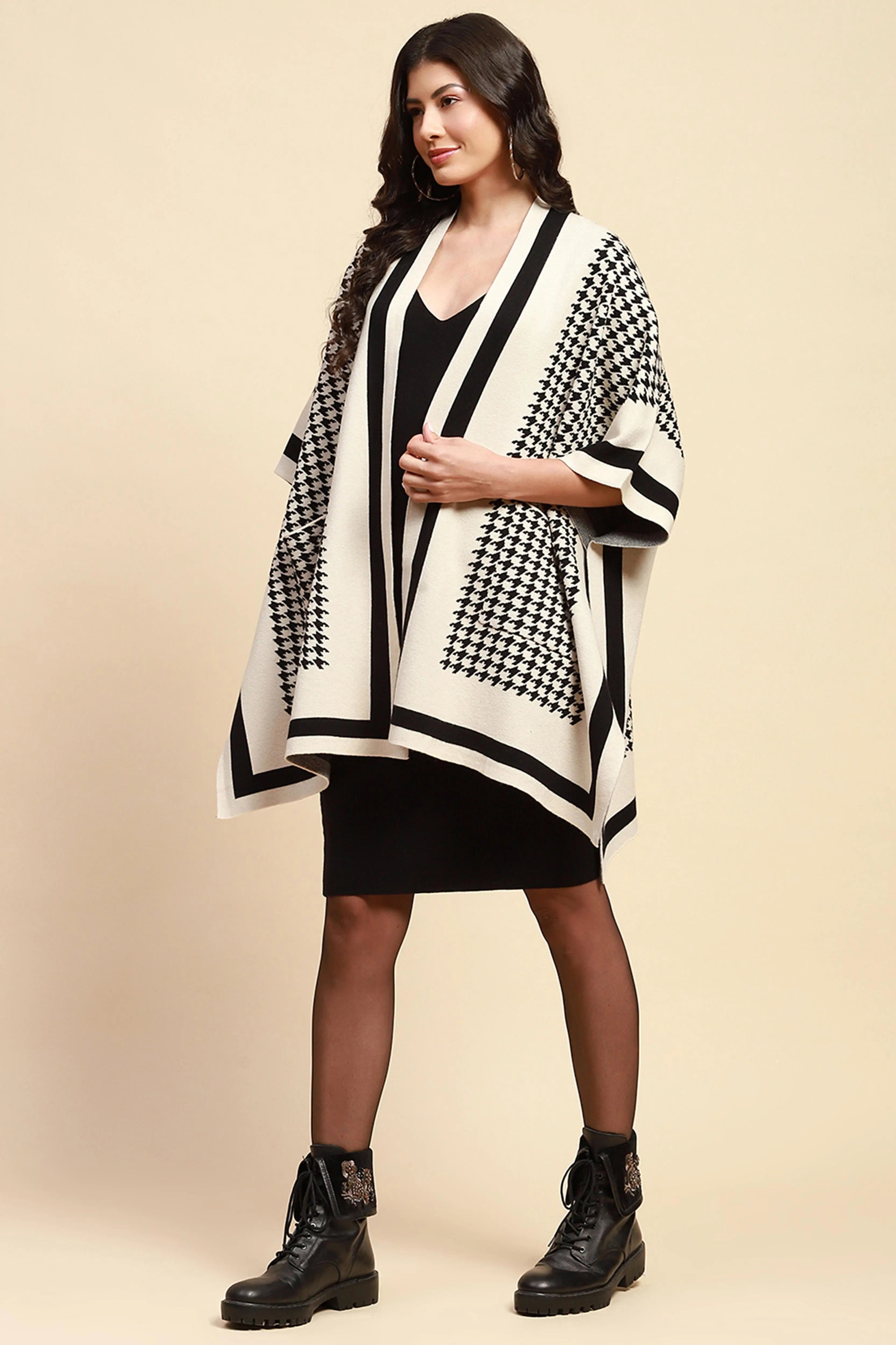 Off White Viscose Loose Winter Shrug - Global Republic