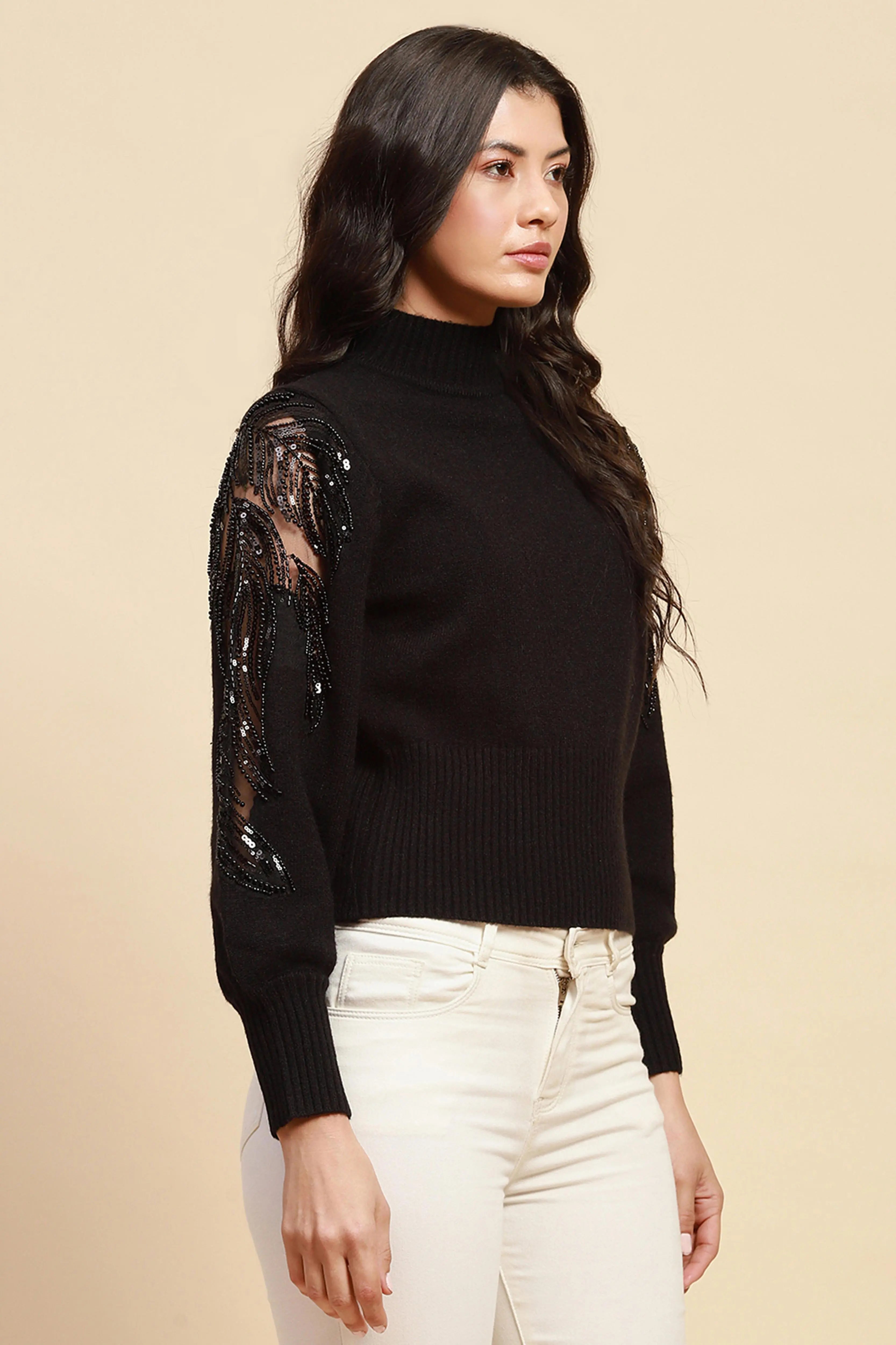 Black Viscose Blend Slim Fit Pullover - Global Republic