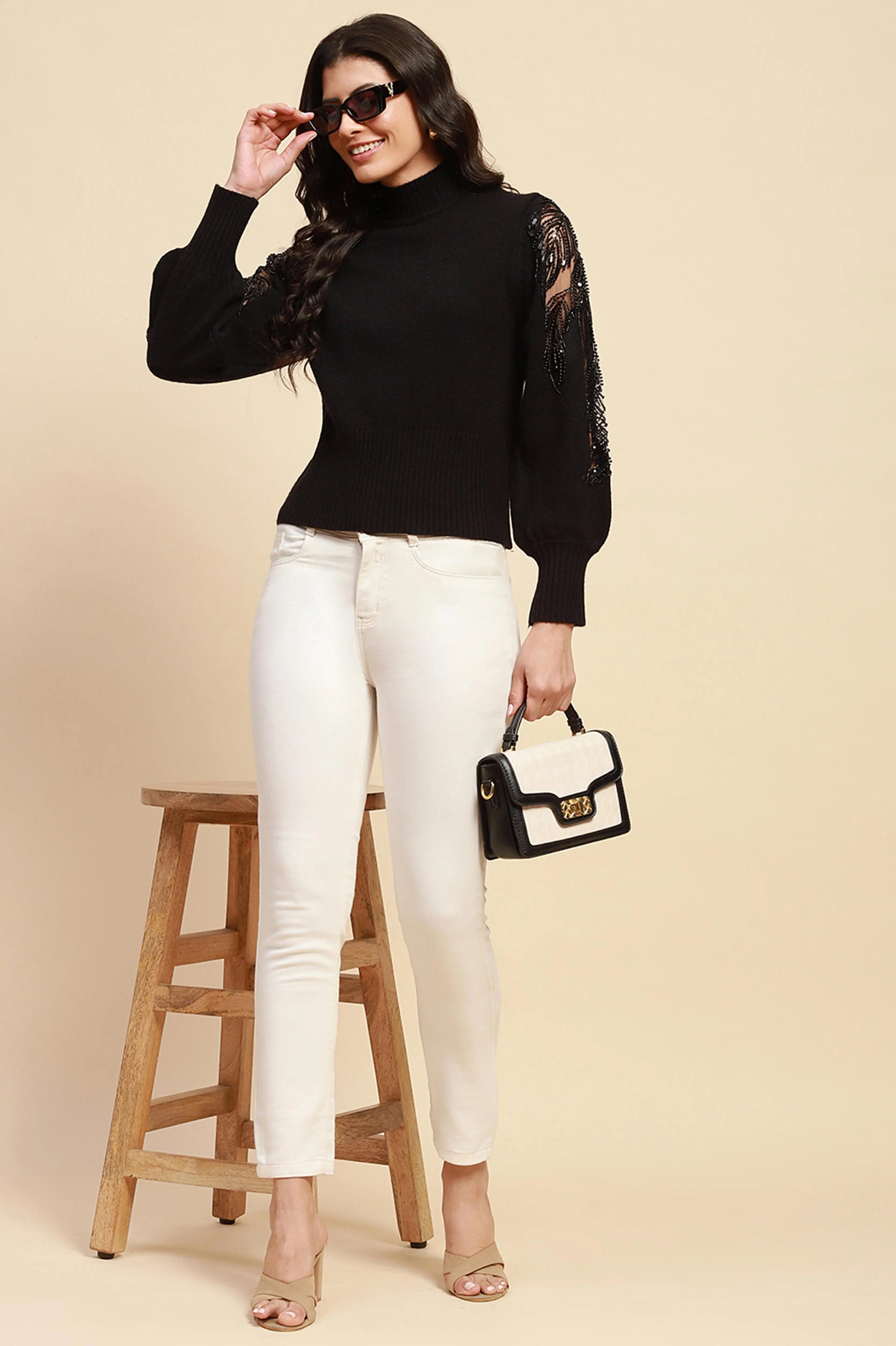 Black Viscose Blend Slim Fit Pullover - Global Republic