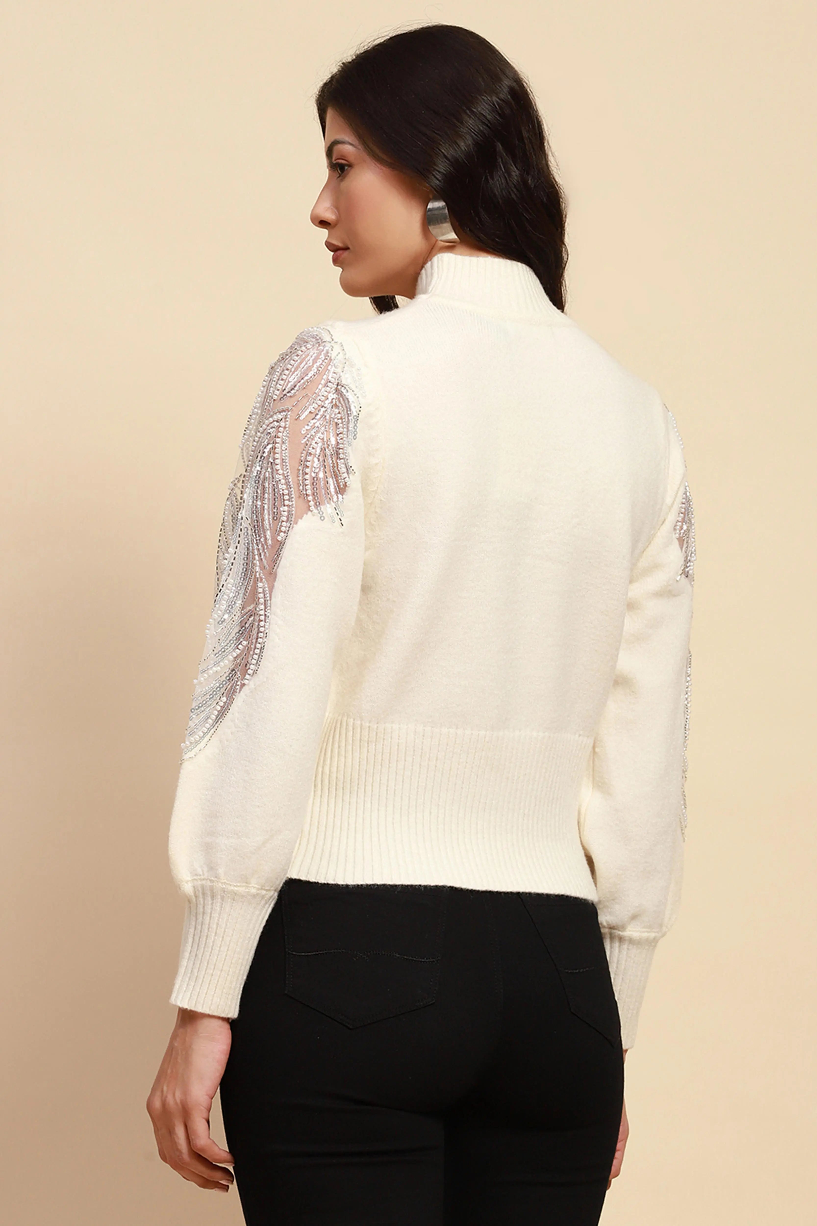 Off White Viscose Slim Fit Pullover - Global Republic