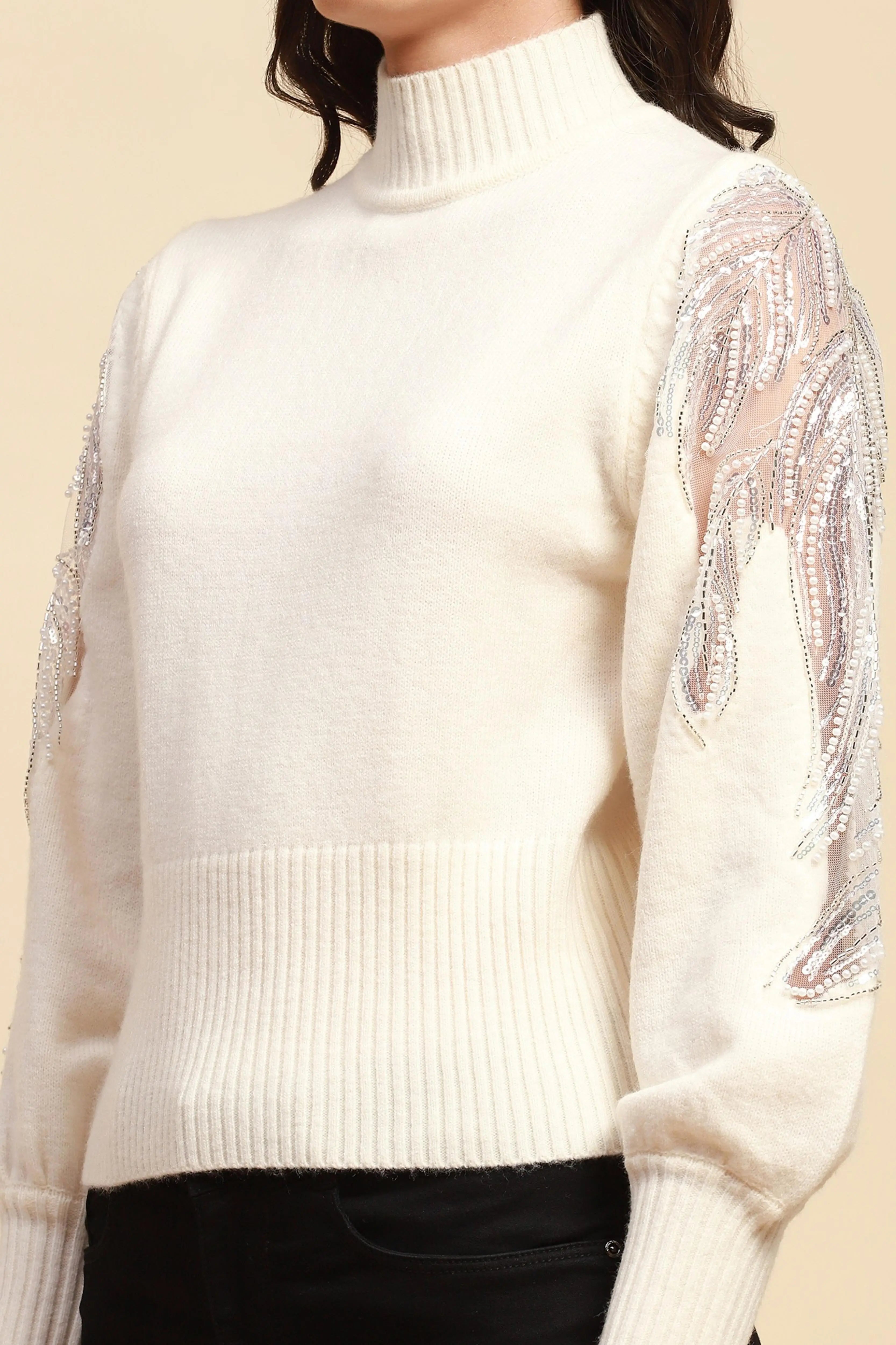 Off White Viscose Slim Fit Pullover - Global Republic