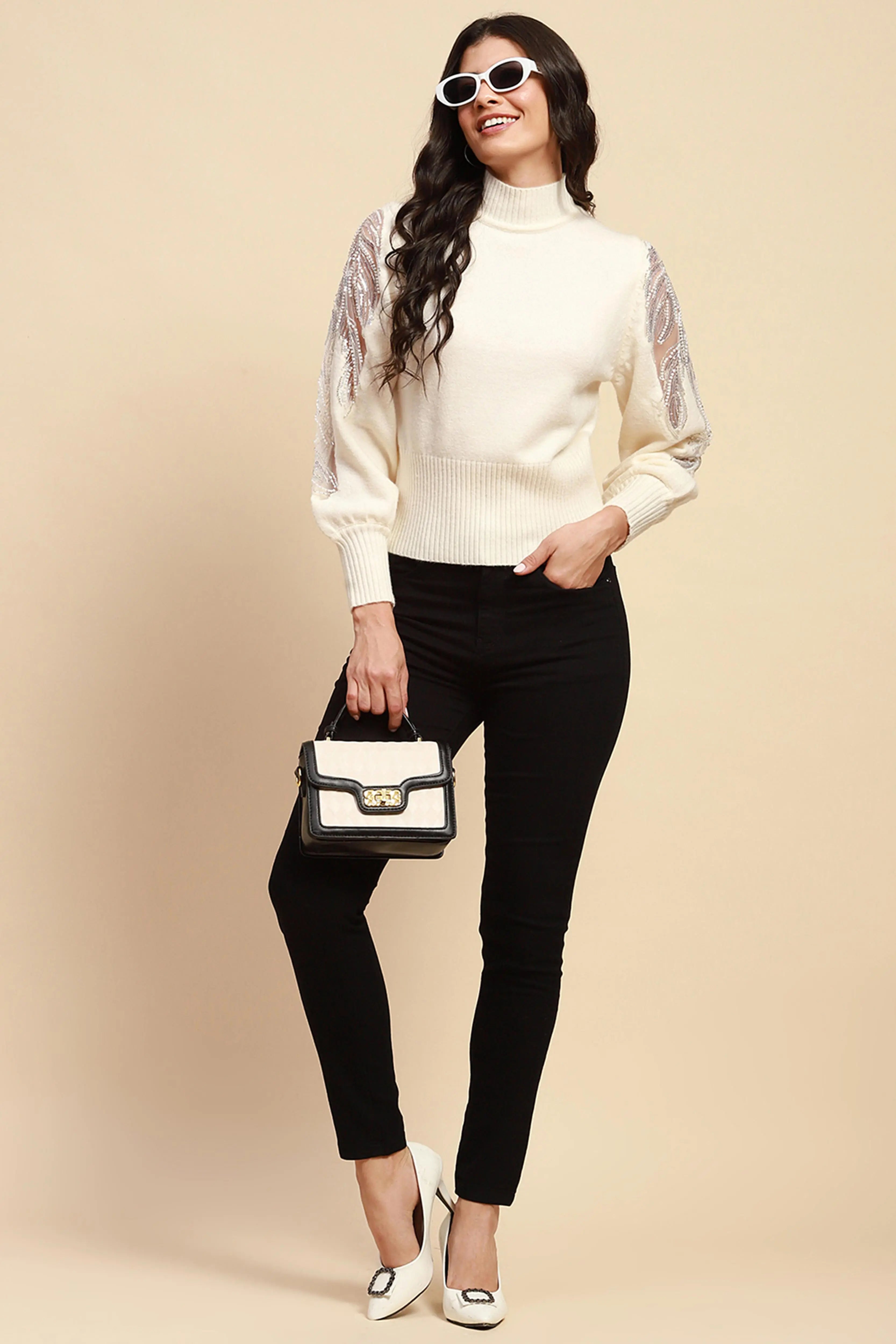 Off White Viscose Slim Fit Pullover - Global Republic