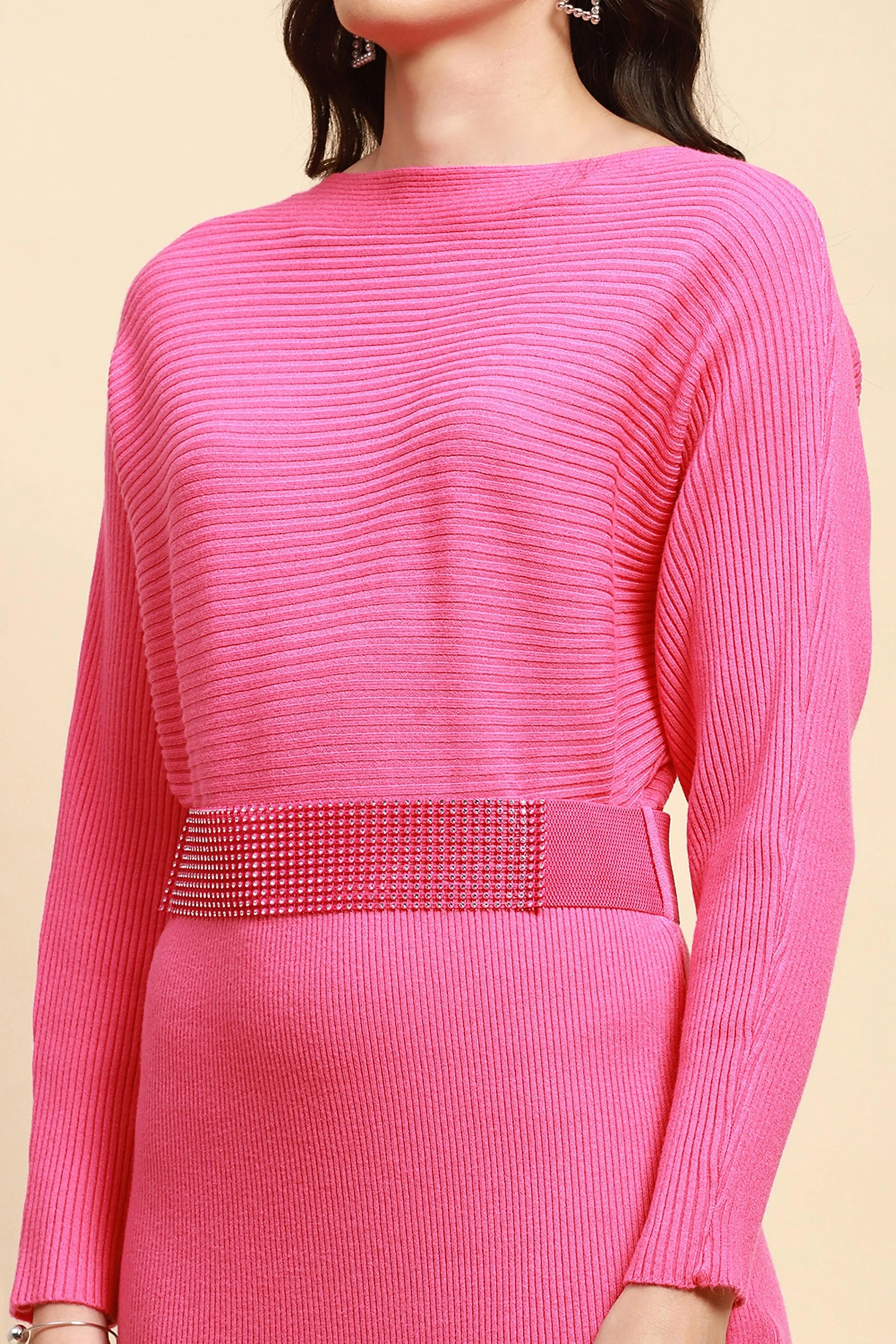 Pink Viscose Slim Fit Winter Dress - Global Republic