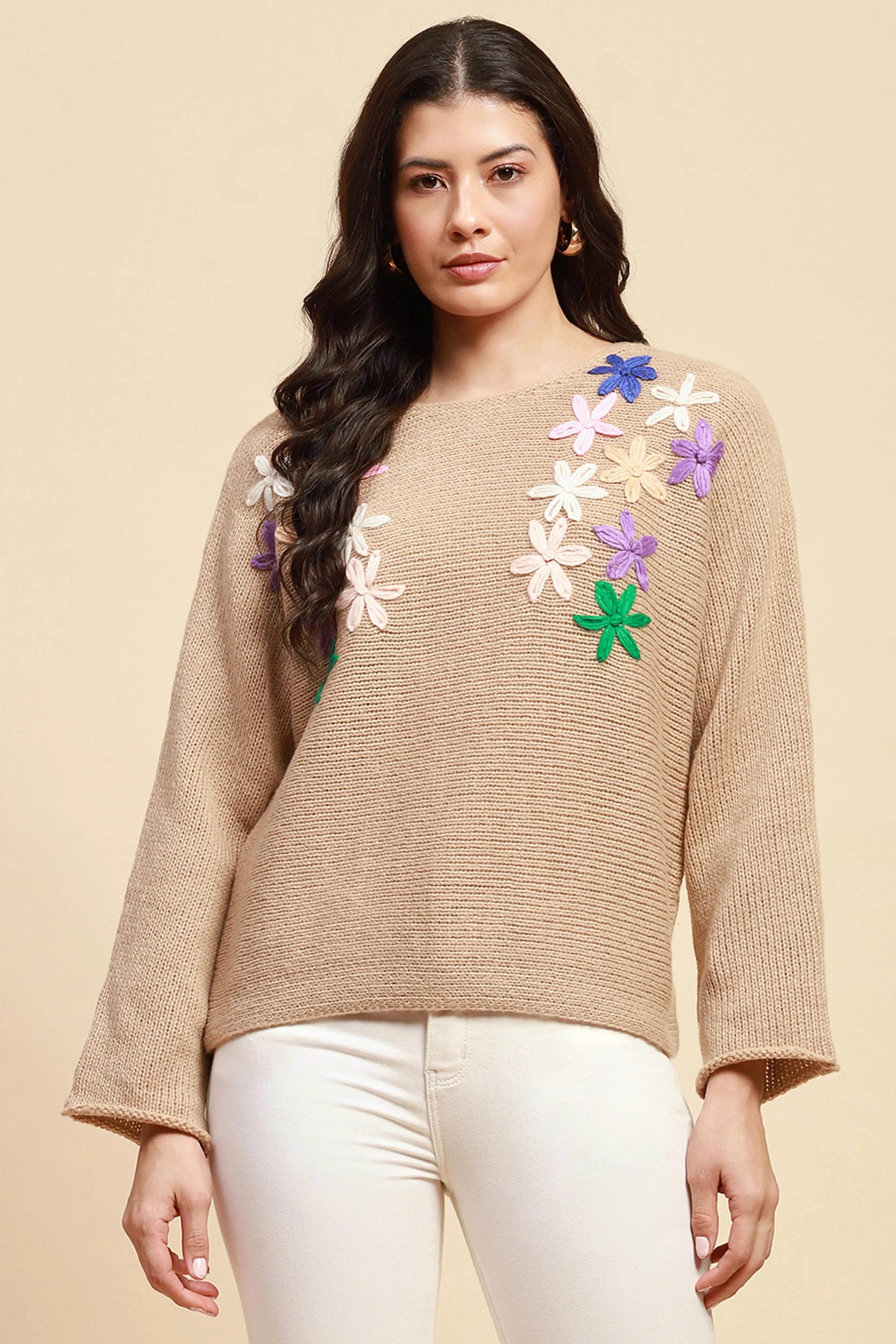 Khaki Loose Embroidered Pullover - Global Republic