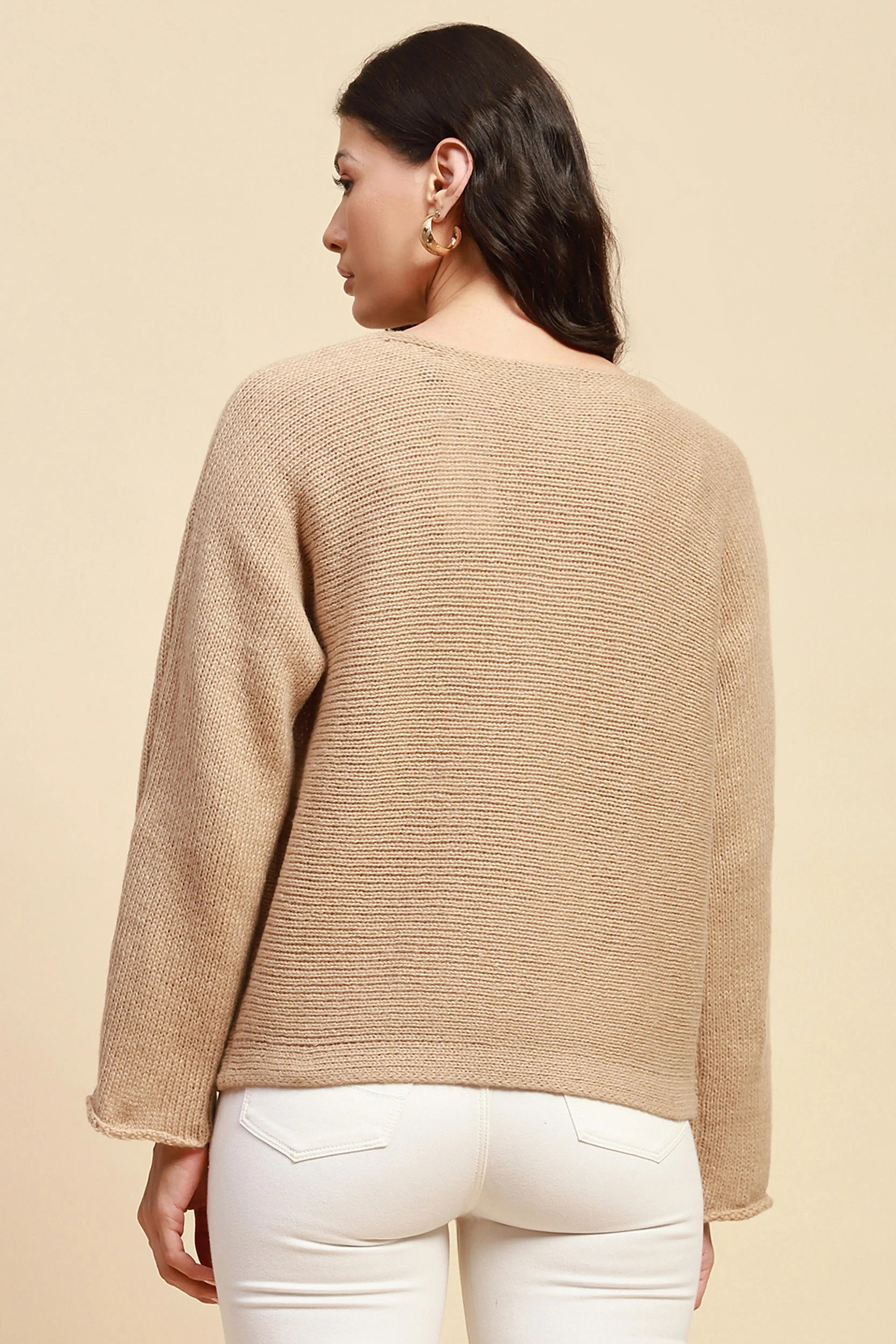 Khaki Loose Embroidered Pullover - Global Republic