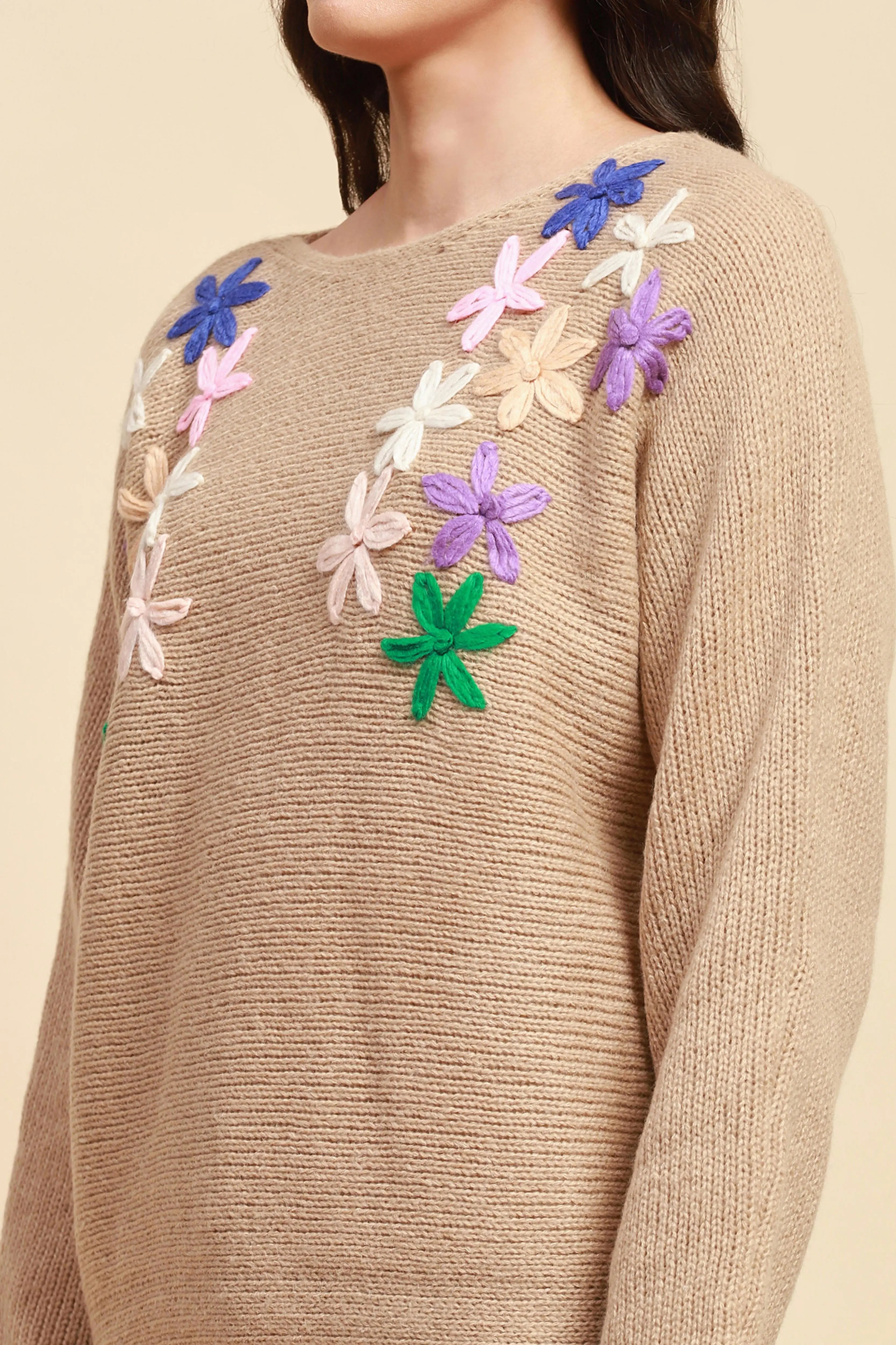 Khaki Loose Embroidered Pullover - Global Republic
