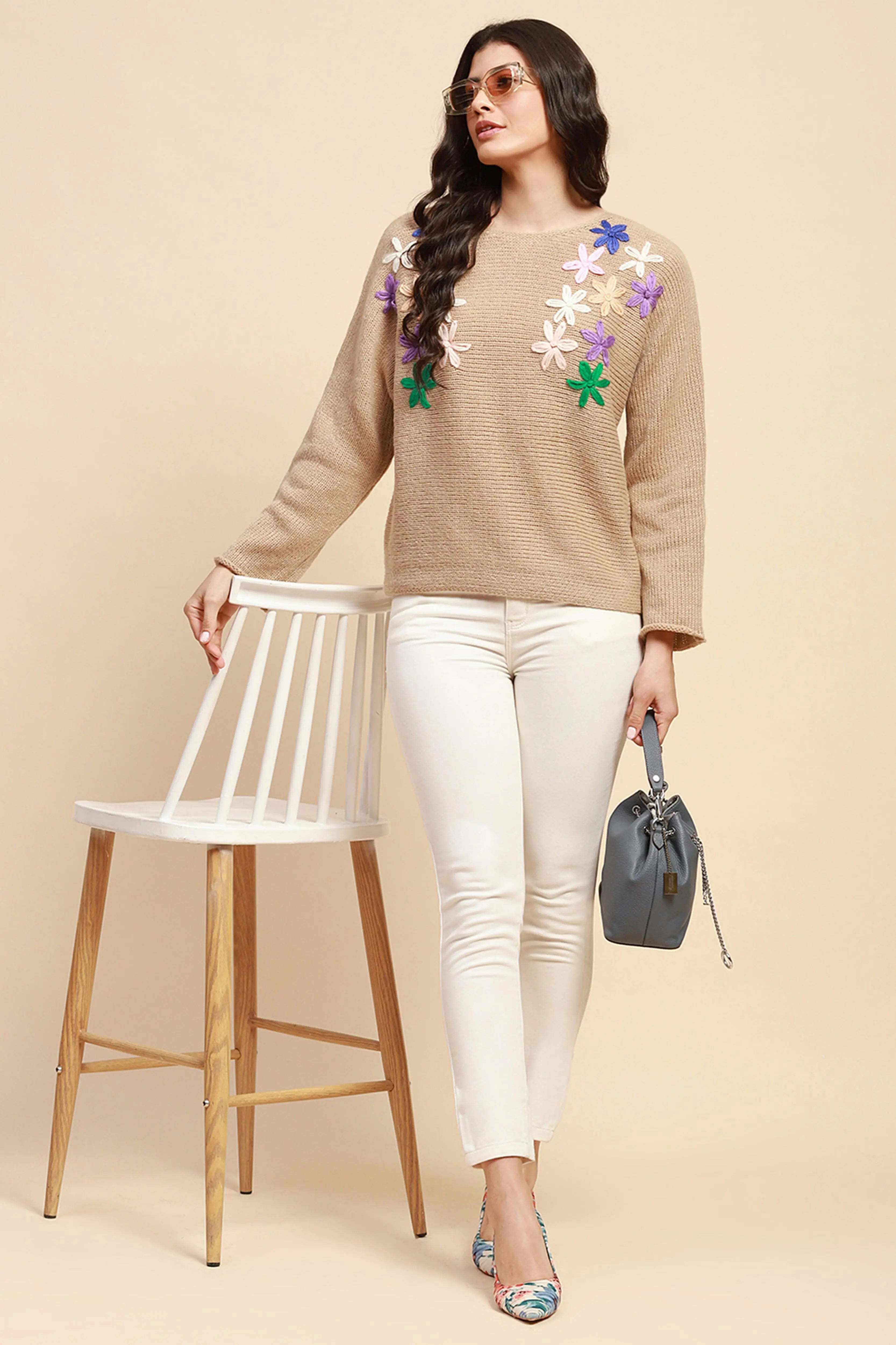 Khaki Loose Embroidered Pullover - Global Republic