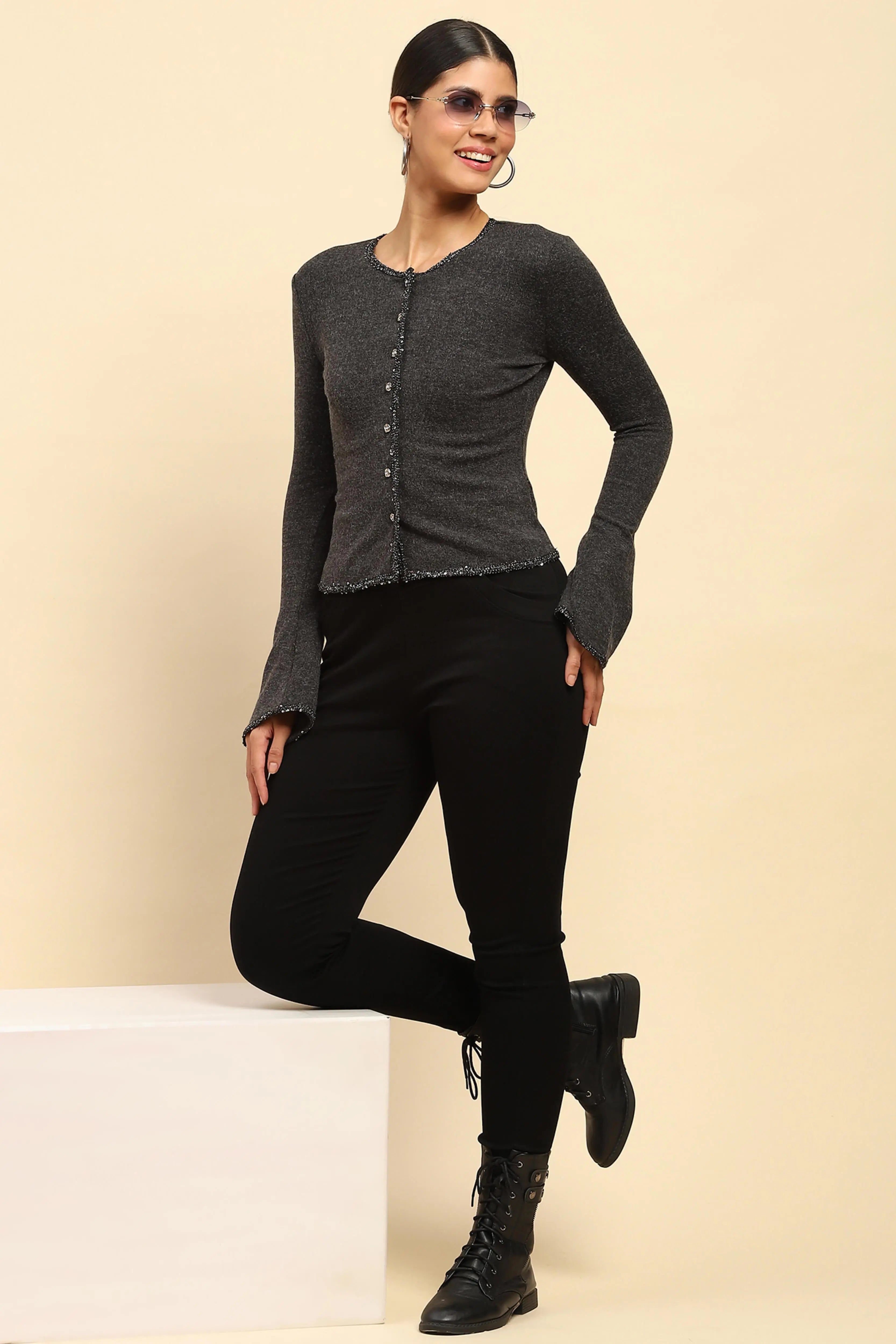 Grey Sequined  Cardigan - Global Republic