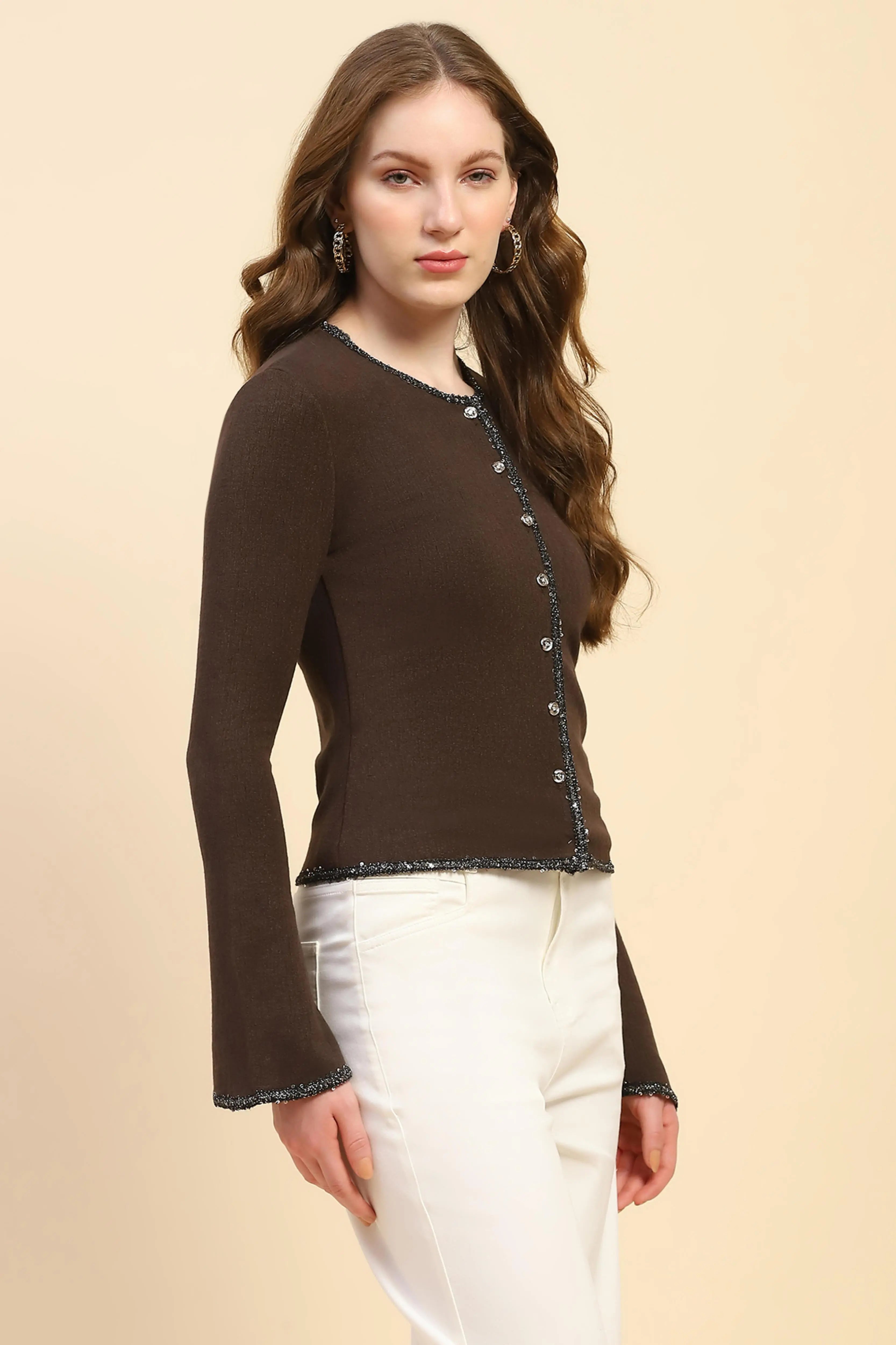 Brown  Slim Fit Cardigan - Global Republic