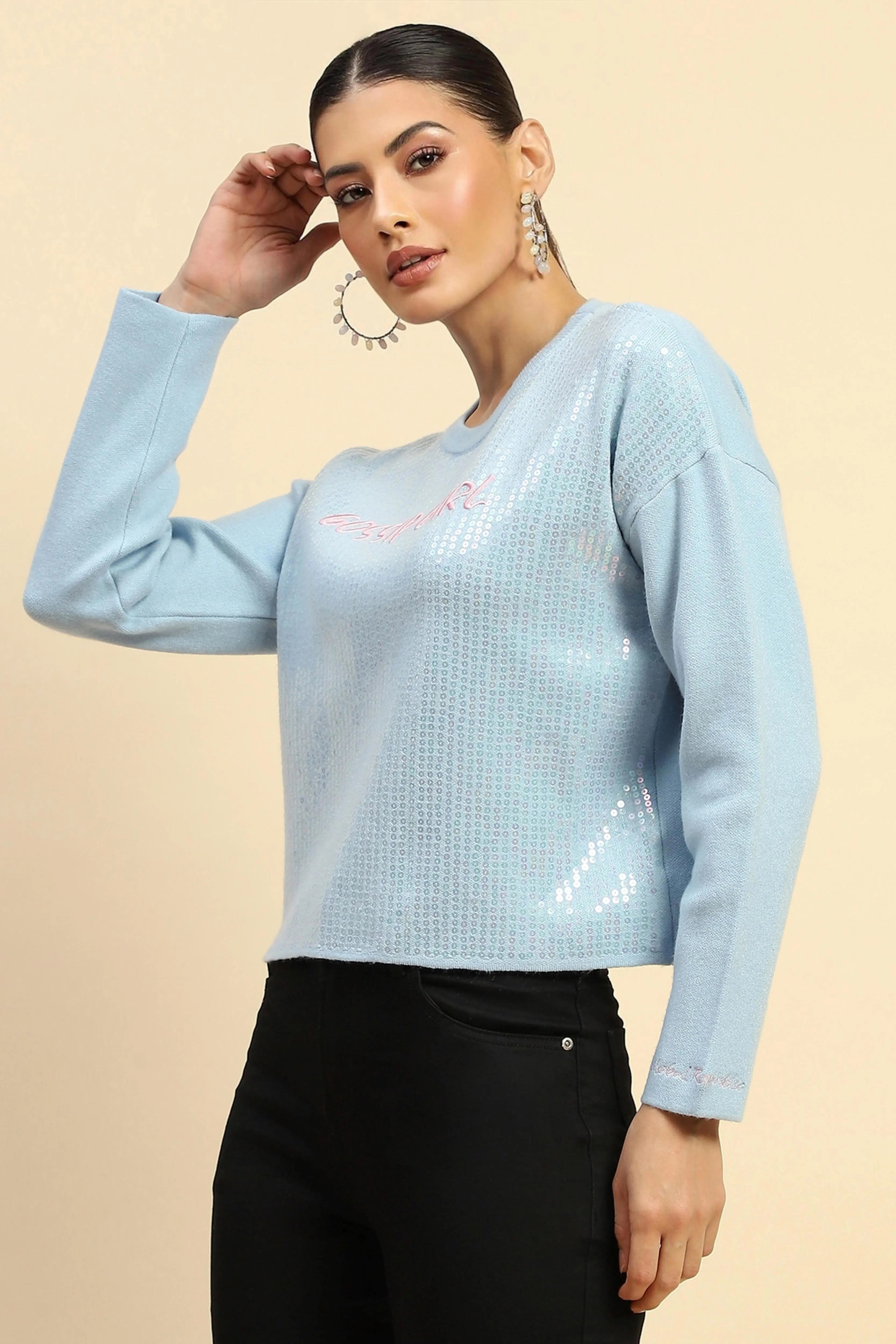 Blue  Viscose Boxy Fit Pullover - Global Republic