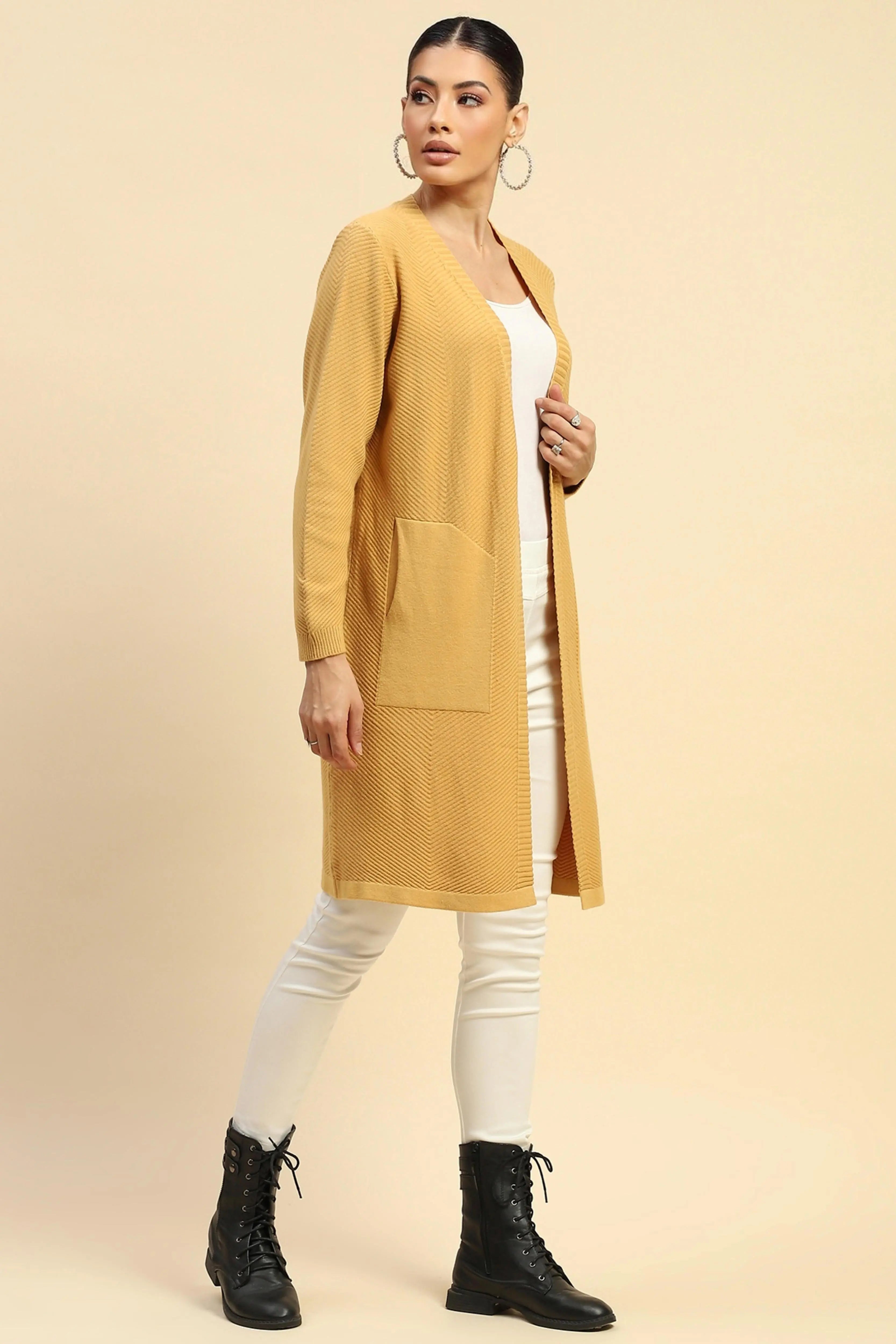 Mustard Viscose Loose Winter Shrug - Global Republic