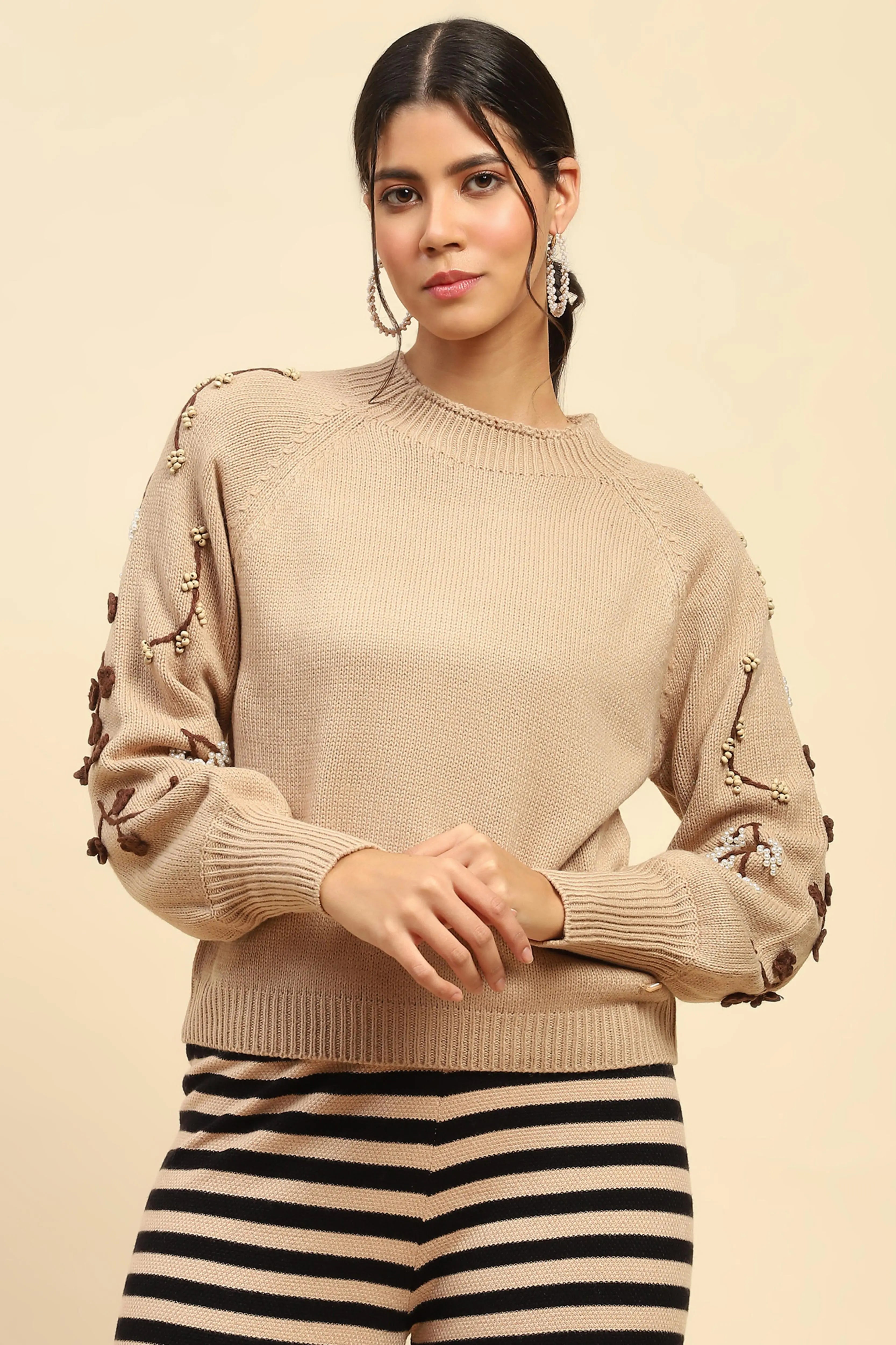 Khaki Embroidered Viscose Loose Pullover - Global Republic