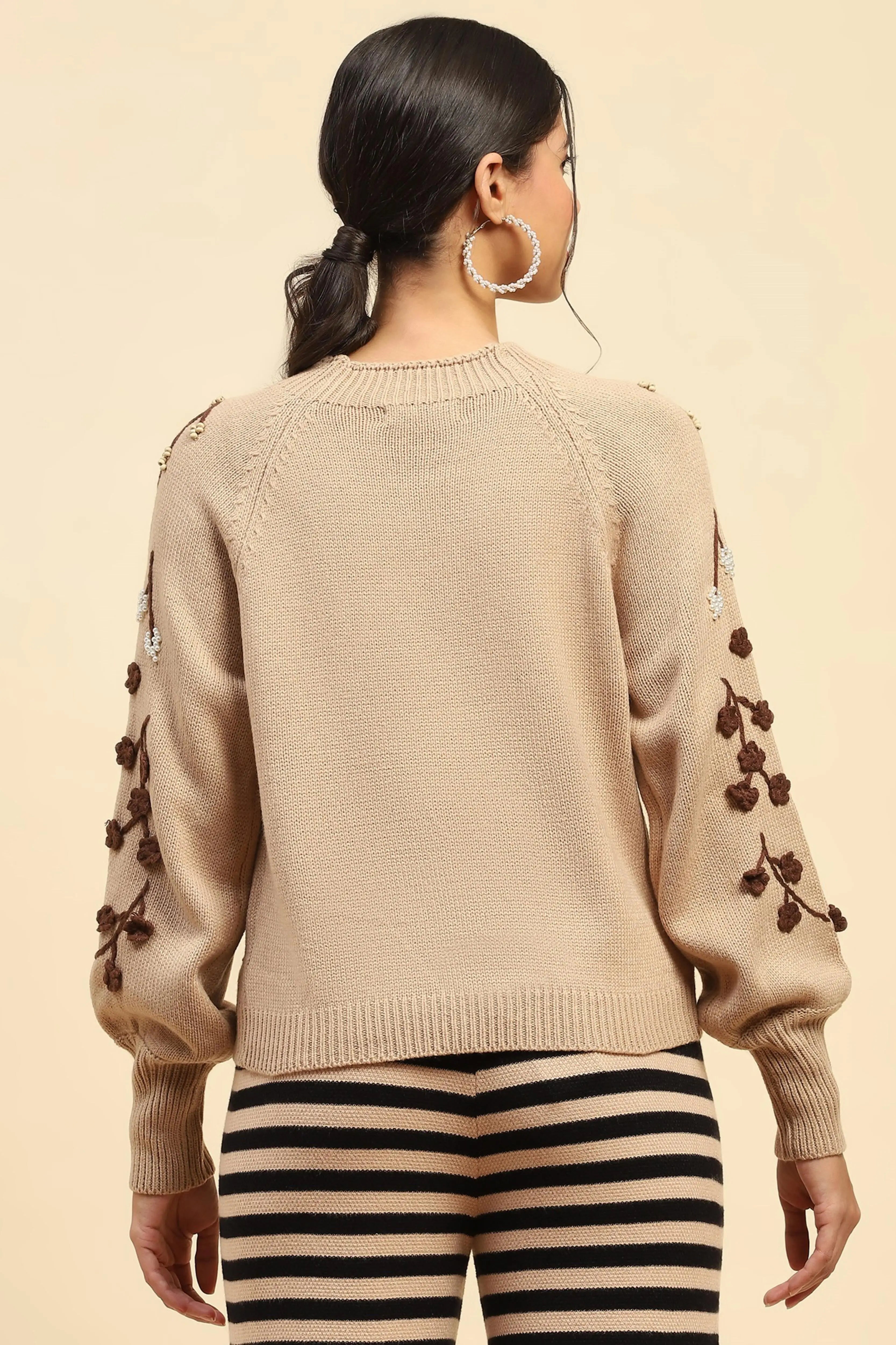 Khaki Embroidered Viscose Loose Pullover - Global Republic