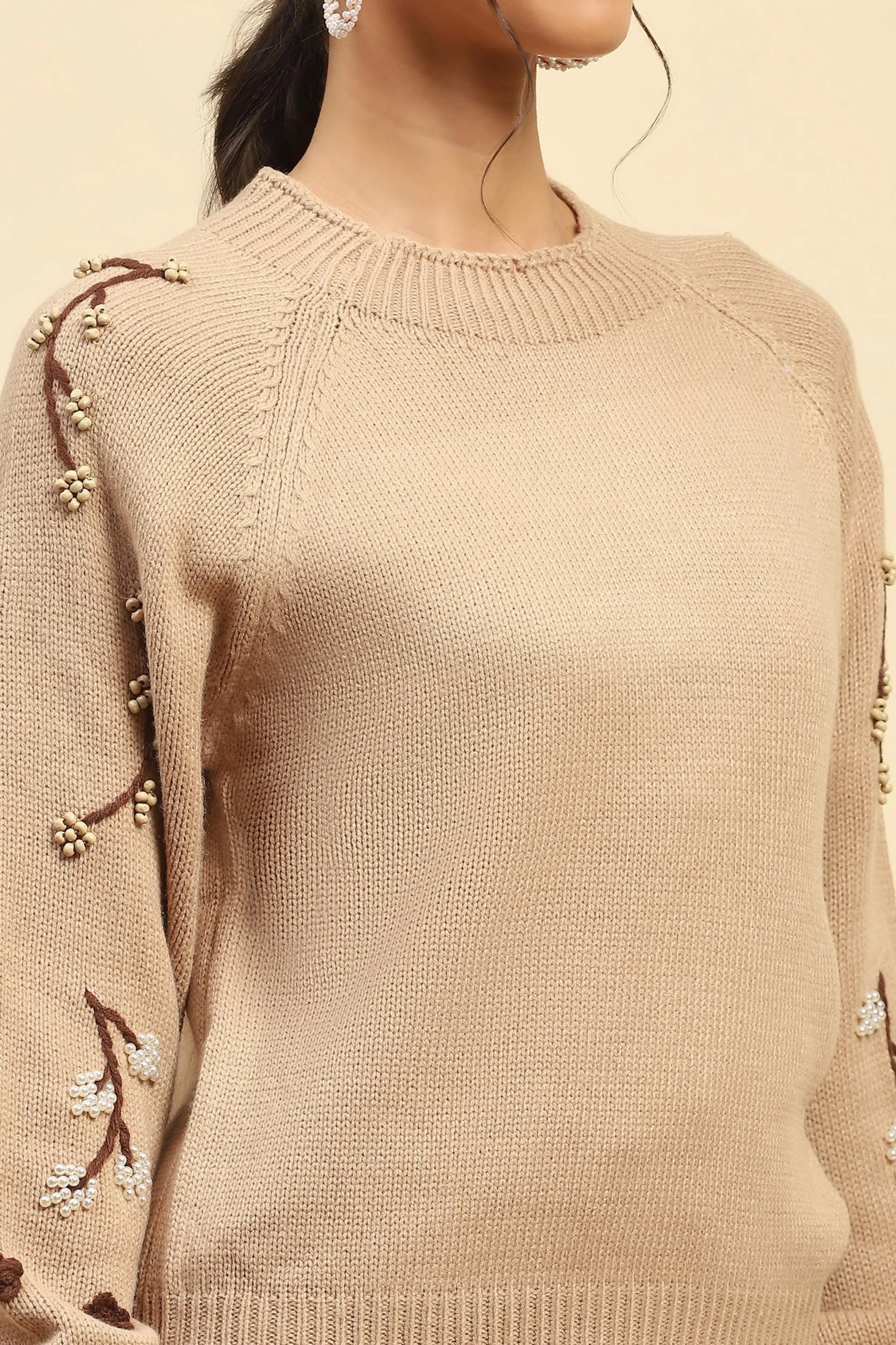 Khaki Embroidered Viscose Loose Pullover - Global Republic