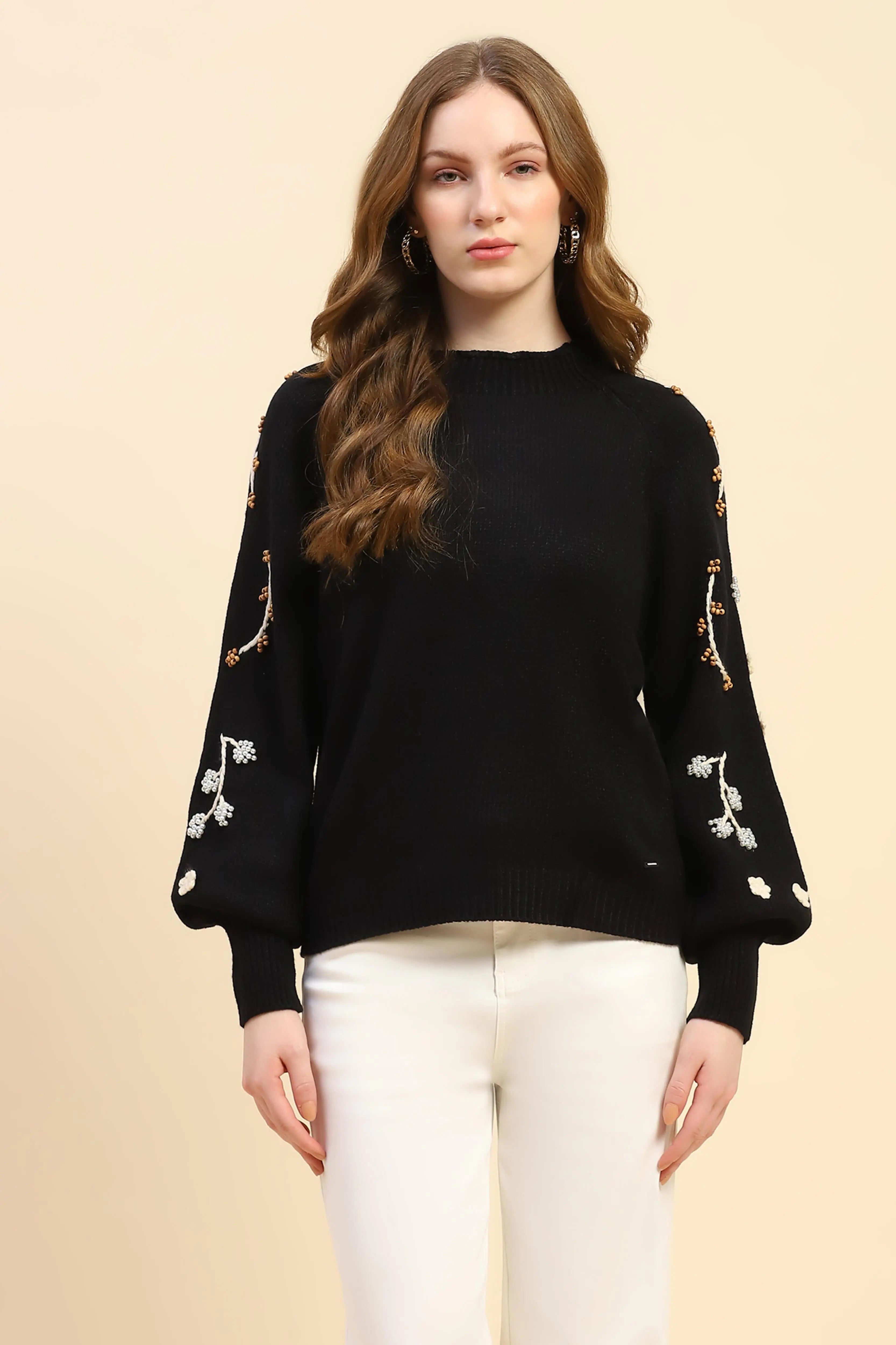Black Embroidered Viscose Loose Pullover - Global Republic