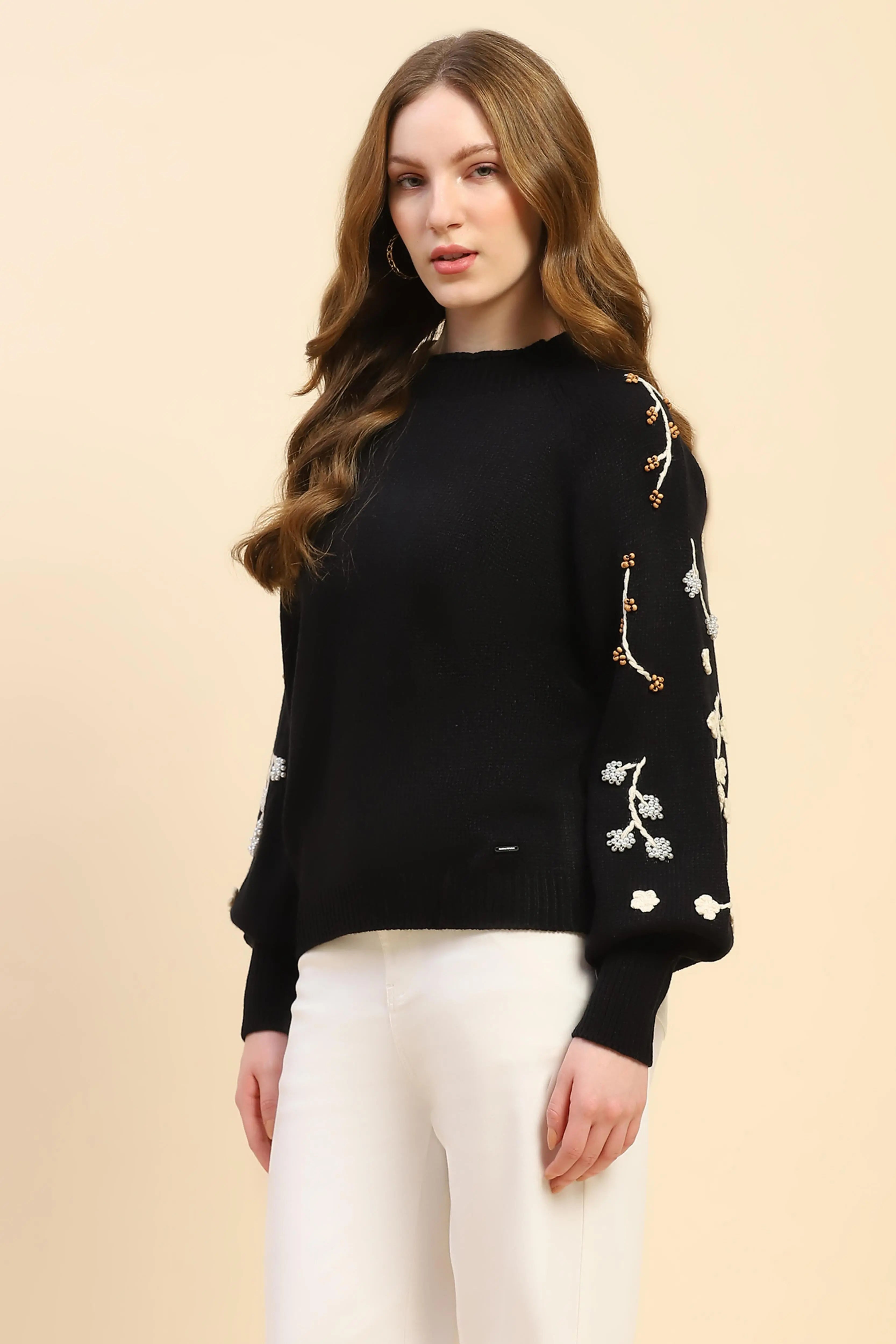 Black Embroidered Viscose Loose Pullover - Global Republic