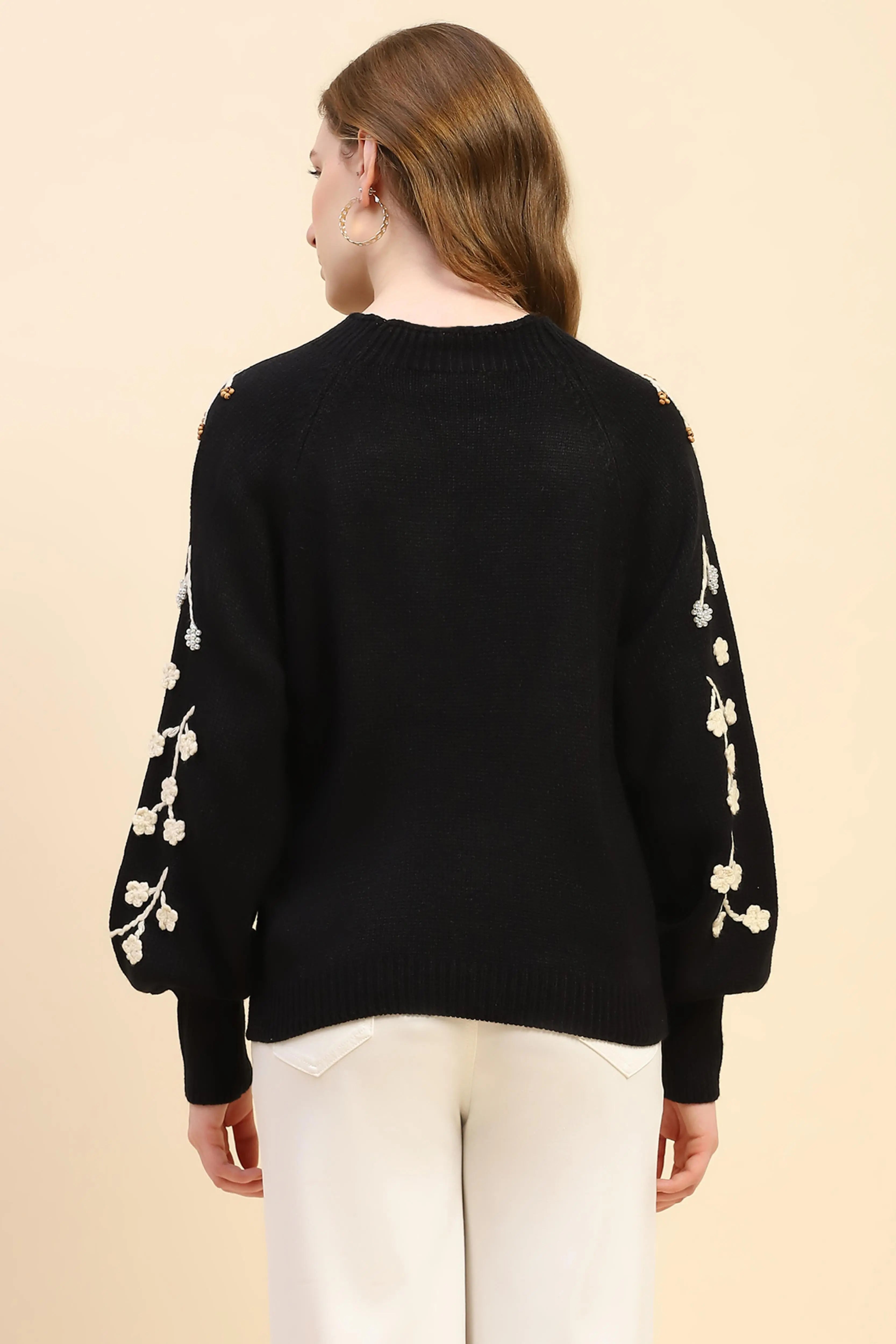 Black Embroidered Viscose Loose Pullover - Global Republic