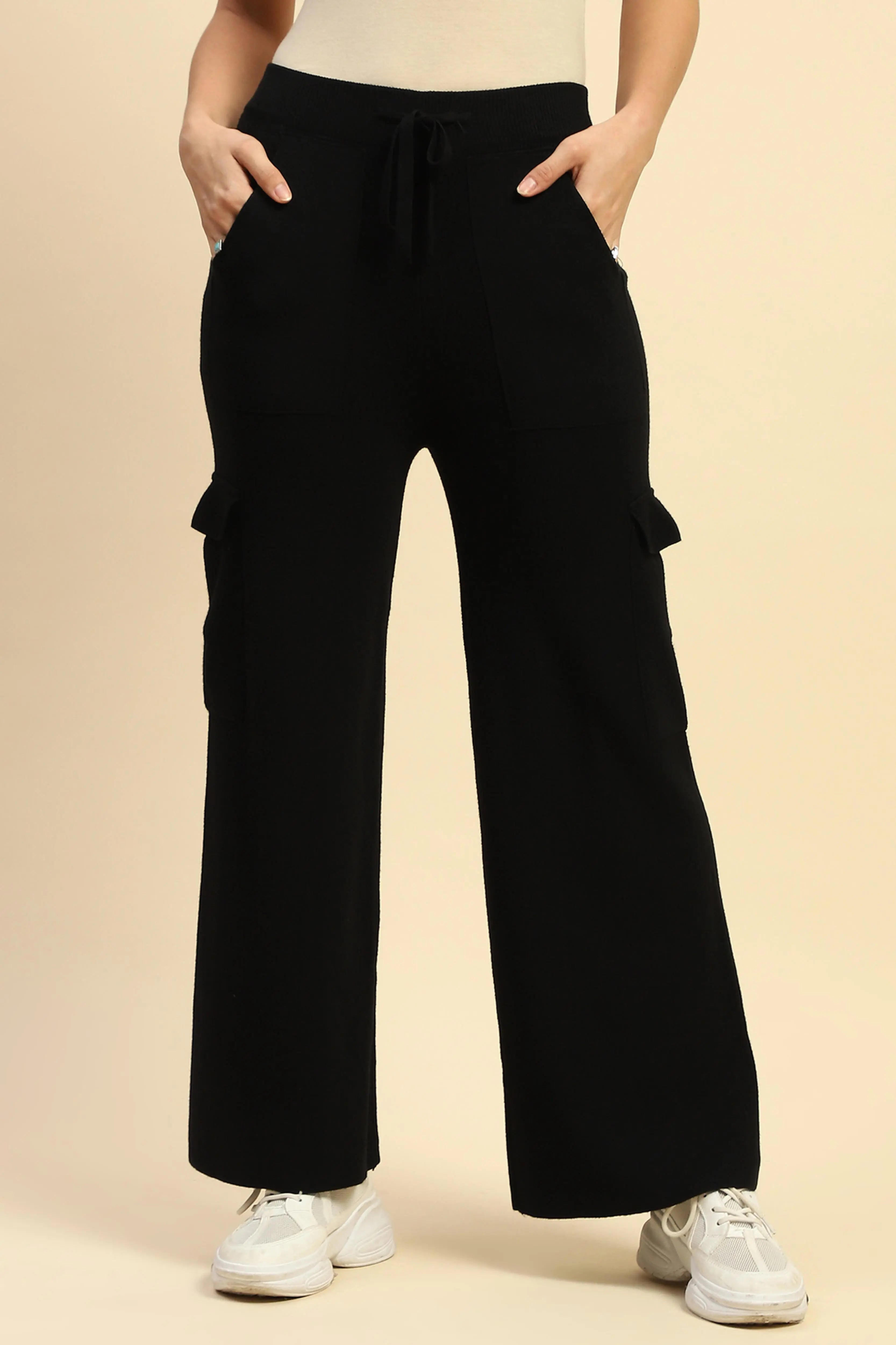 Black Viscose Cargo Loose Winter Lower - Global Republic