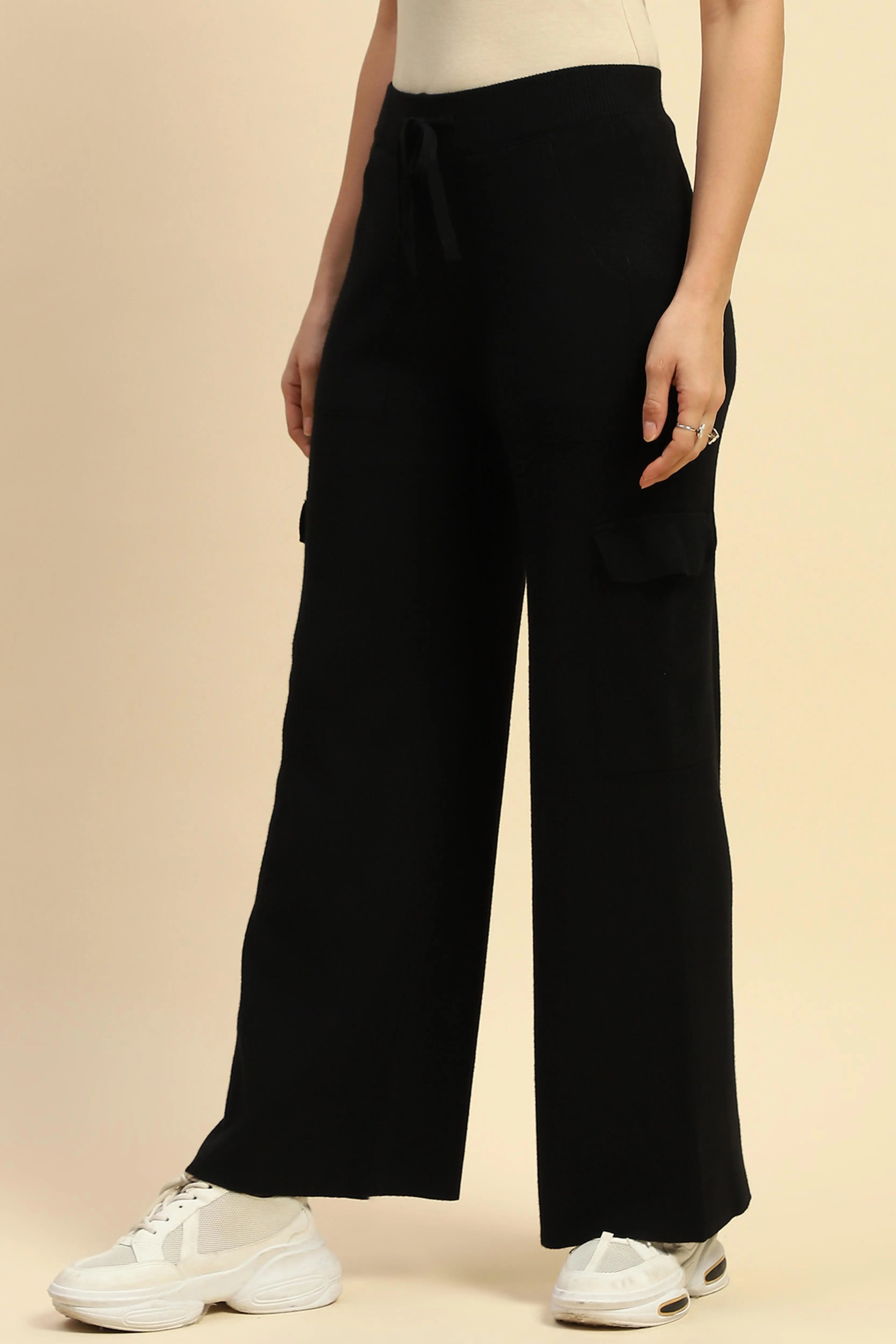 Black Viscose Cargo Loose Winter Lower - Global Republic