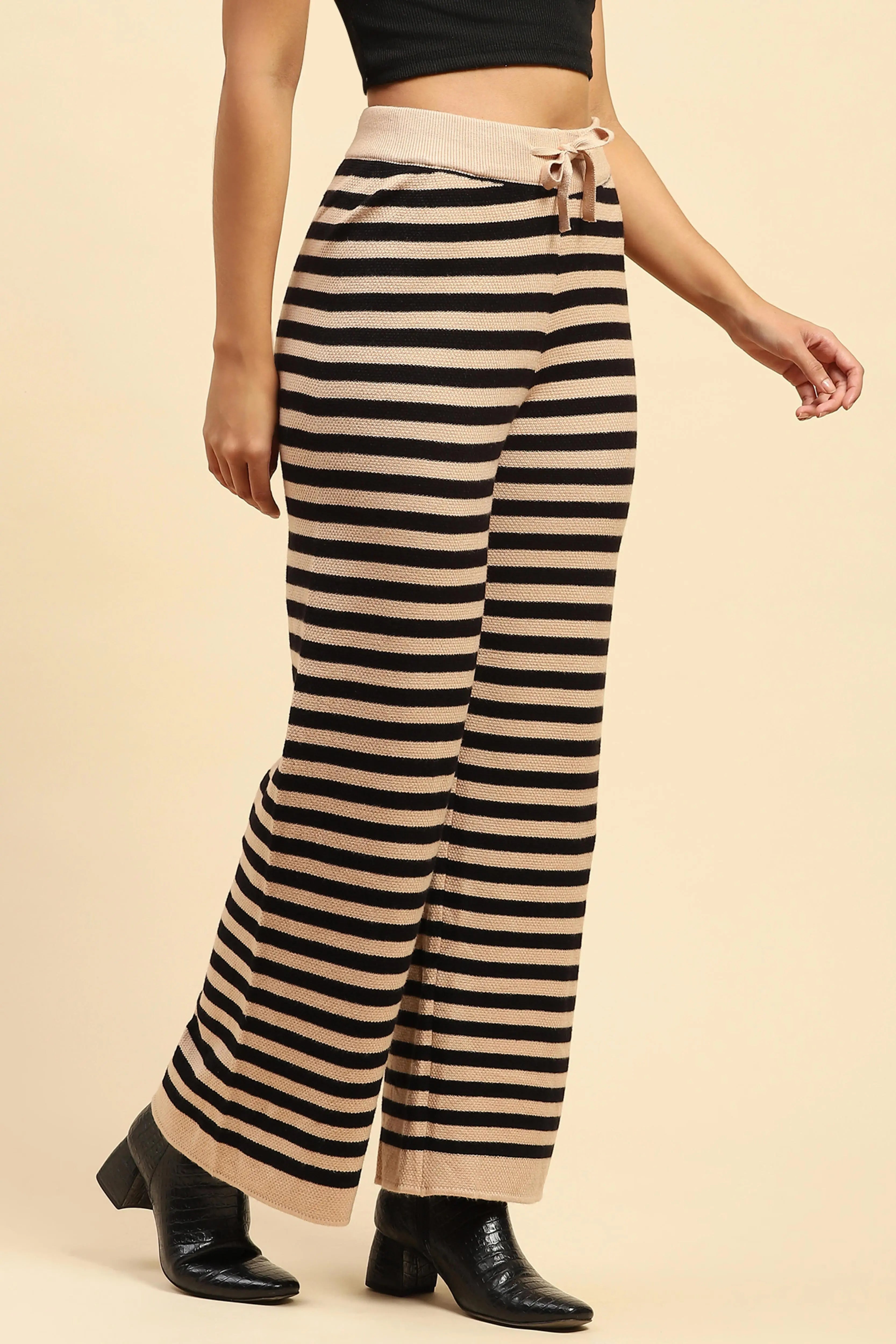Black And Beige Striped  Viscose Lower - Global Republic