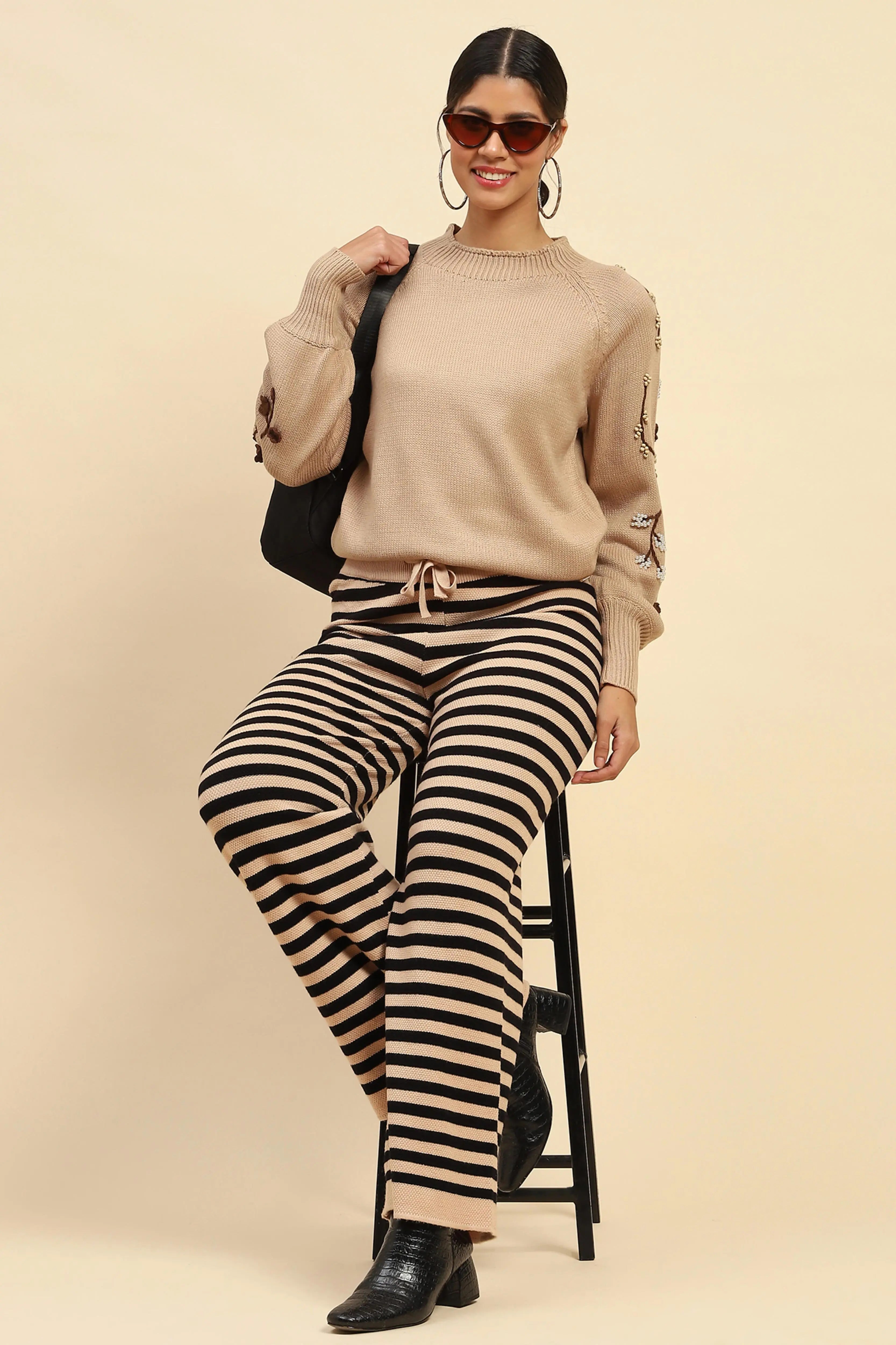 Black And Beige Striped  Viscose Lower - Global Republic