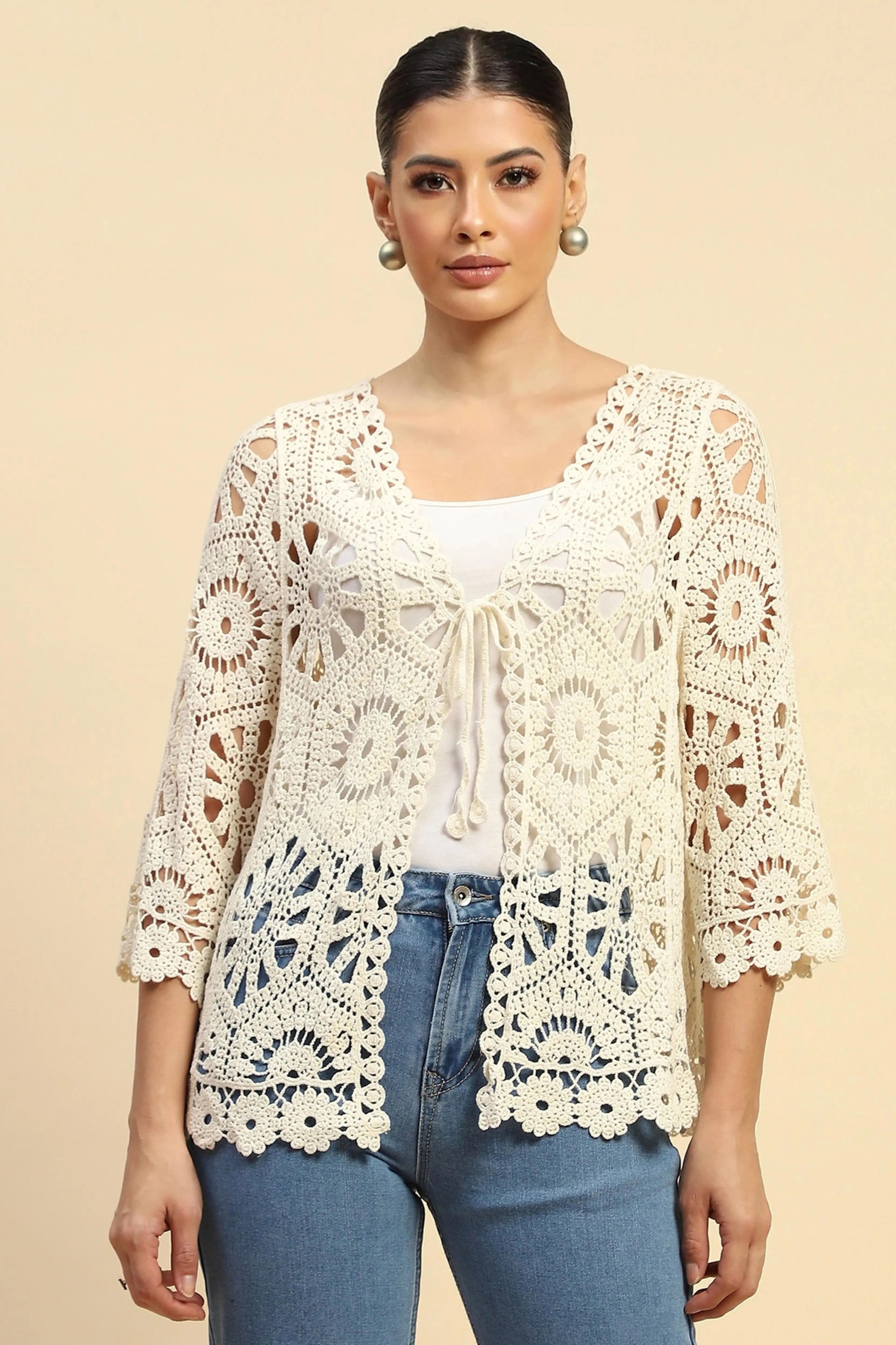 Beige Cotton Loose Fit Shrug For Women - Global Republic