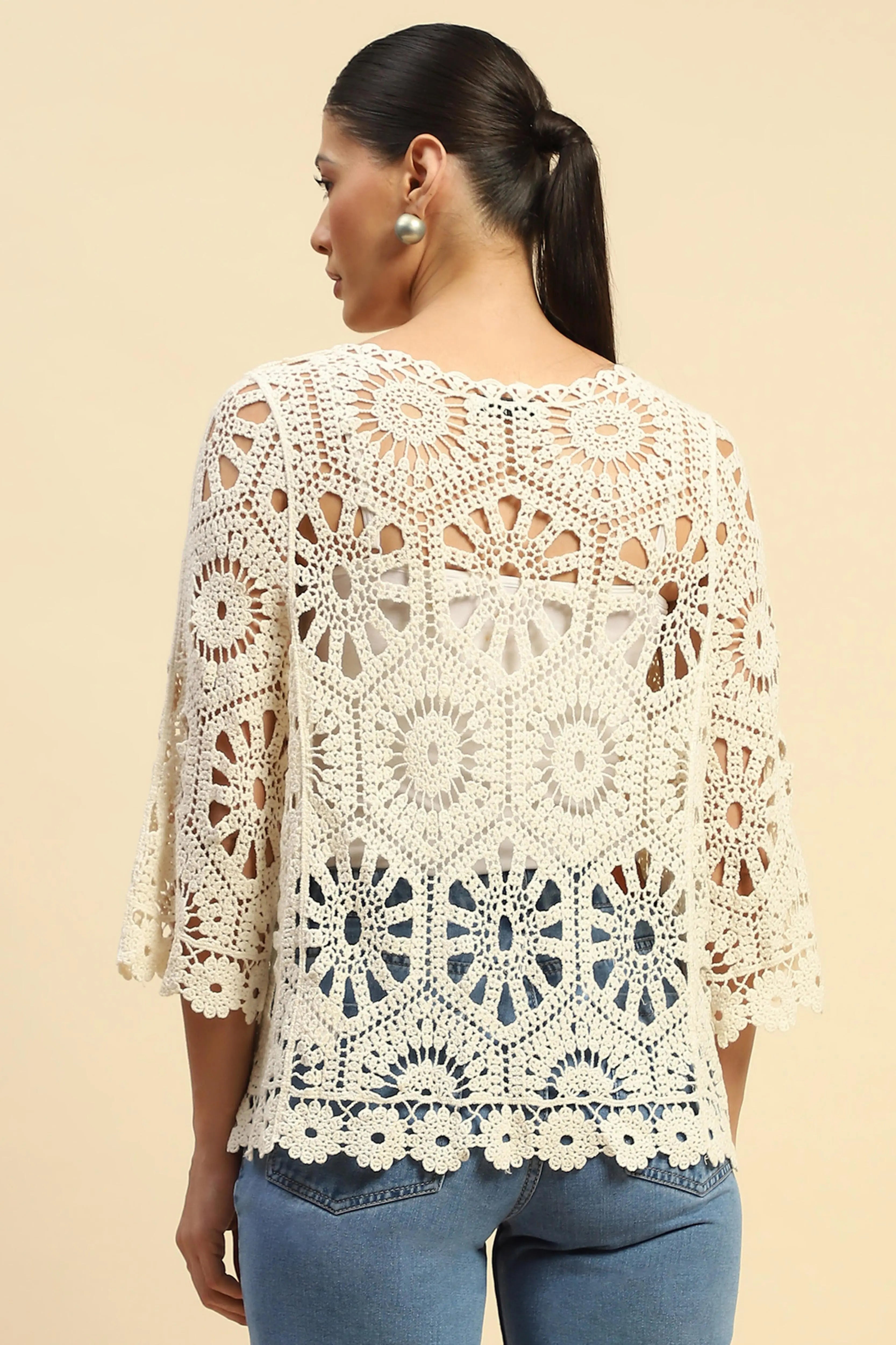 Beige Cotton Loose Fit Shrug For Women - Global Republic