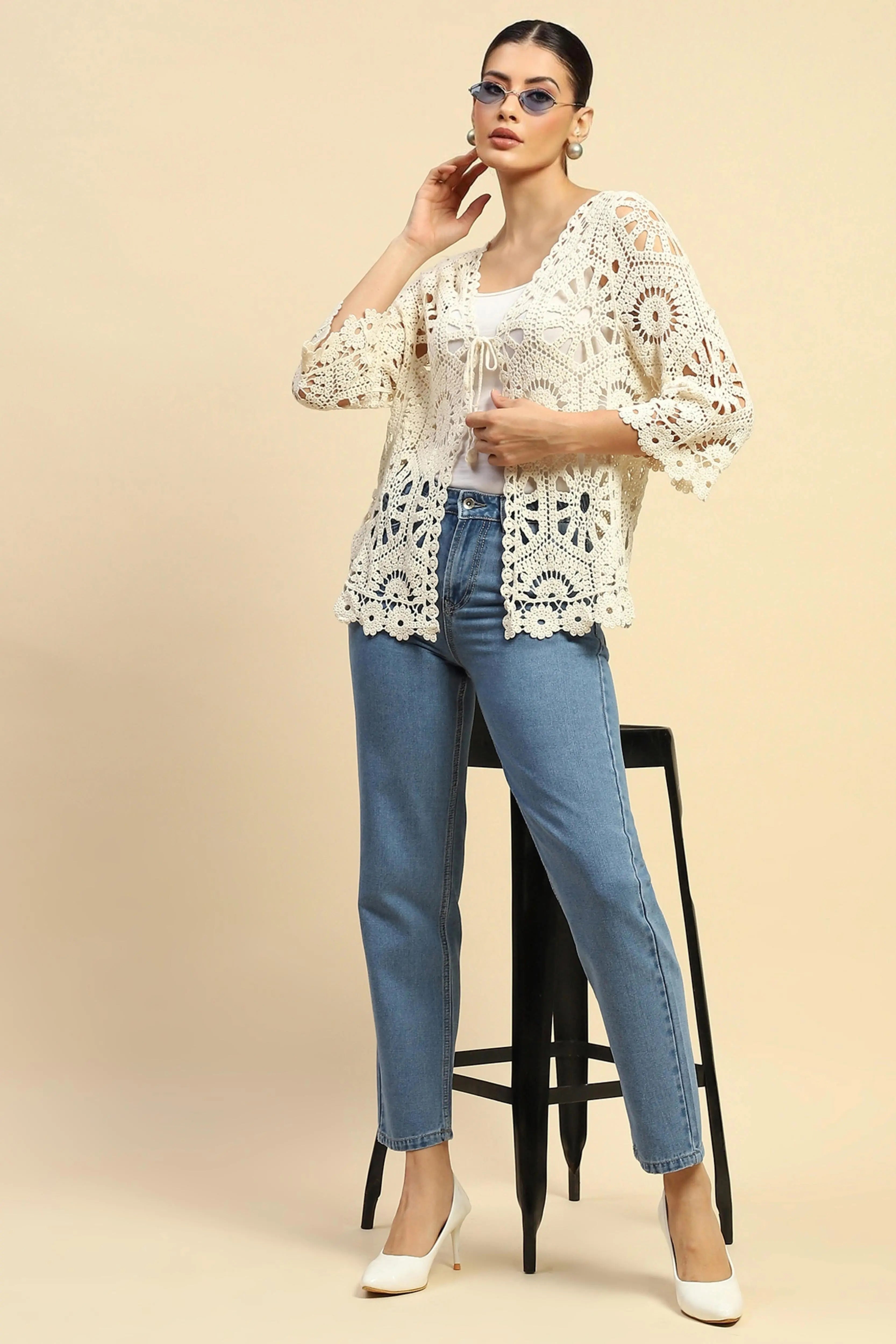 Beige Cotton Loose Fit Shrug For Women Free Size