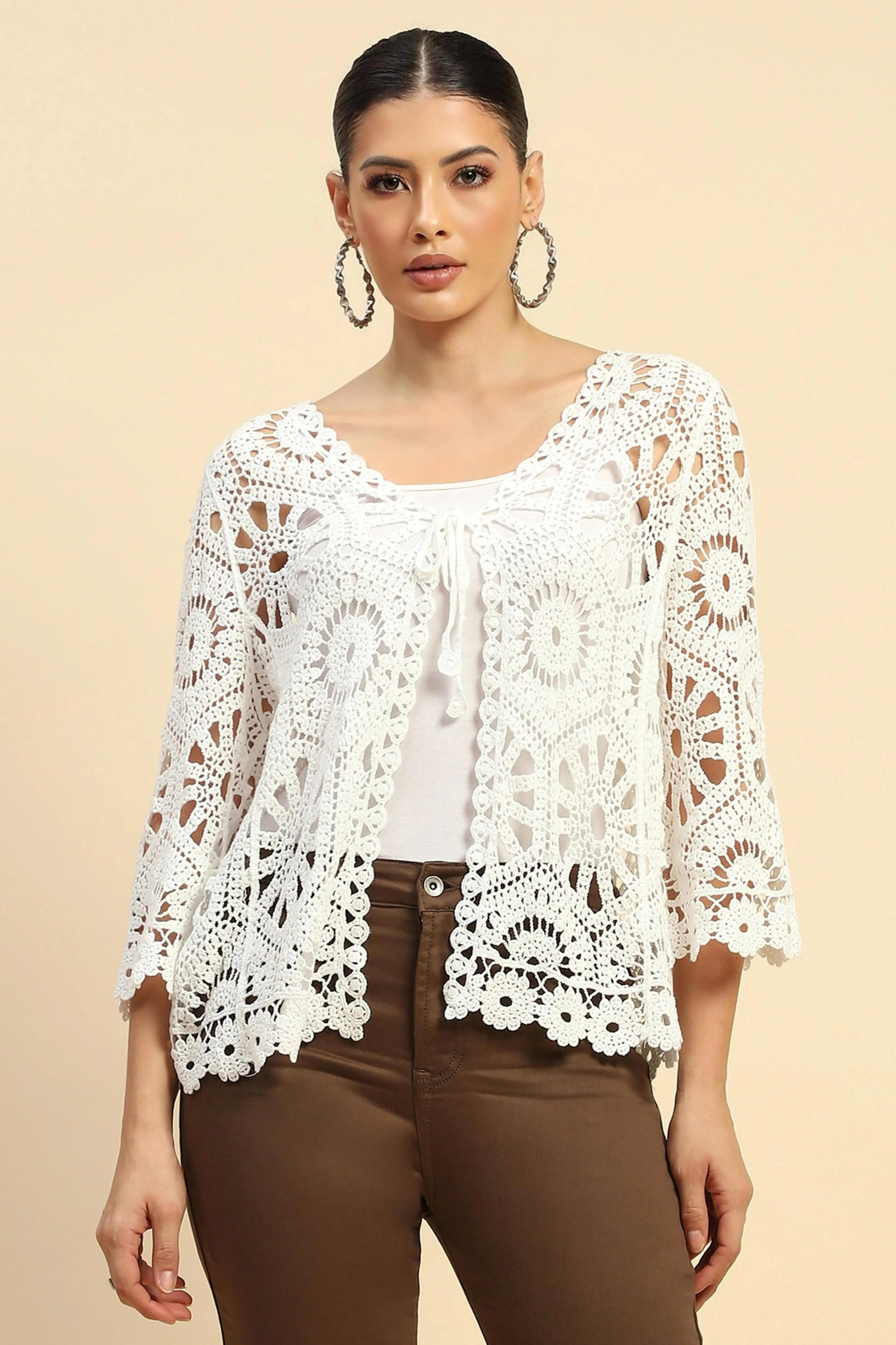 White Cotton Loose Fit Shrug For Women Free Size