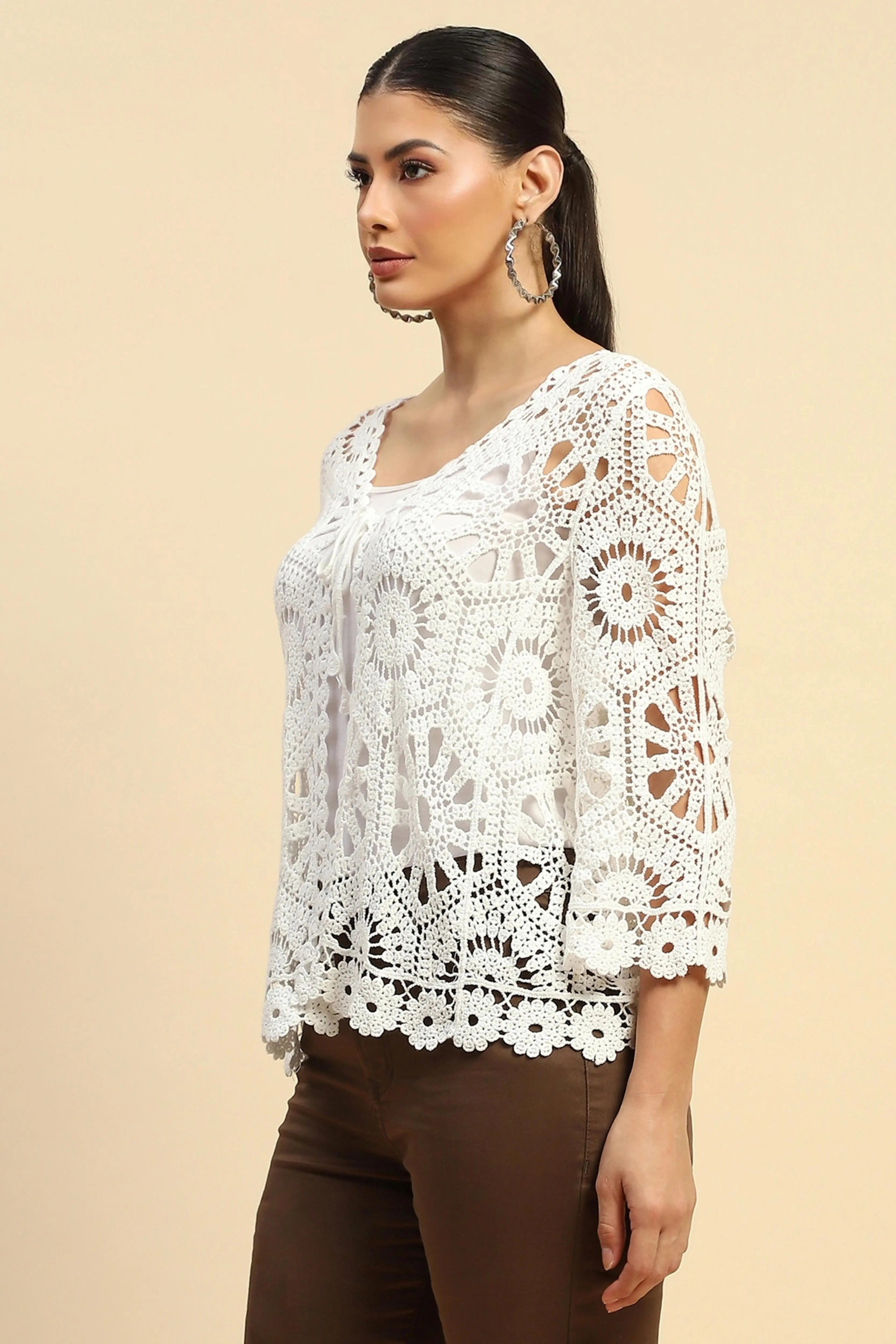 White Cotton Loose Fit Shrug For Women - Global Republic