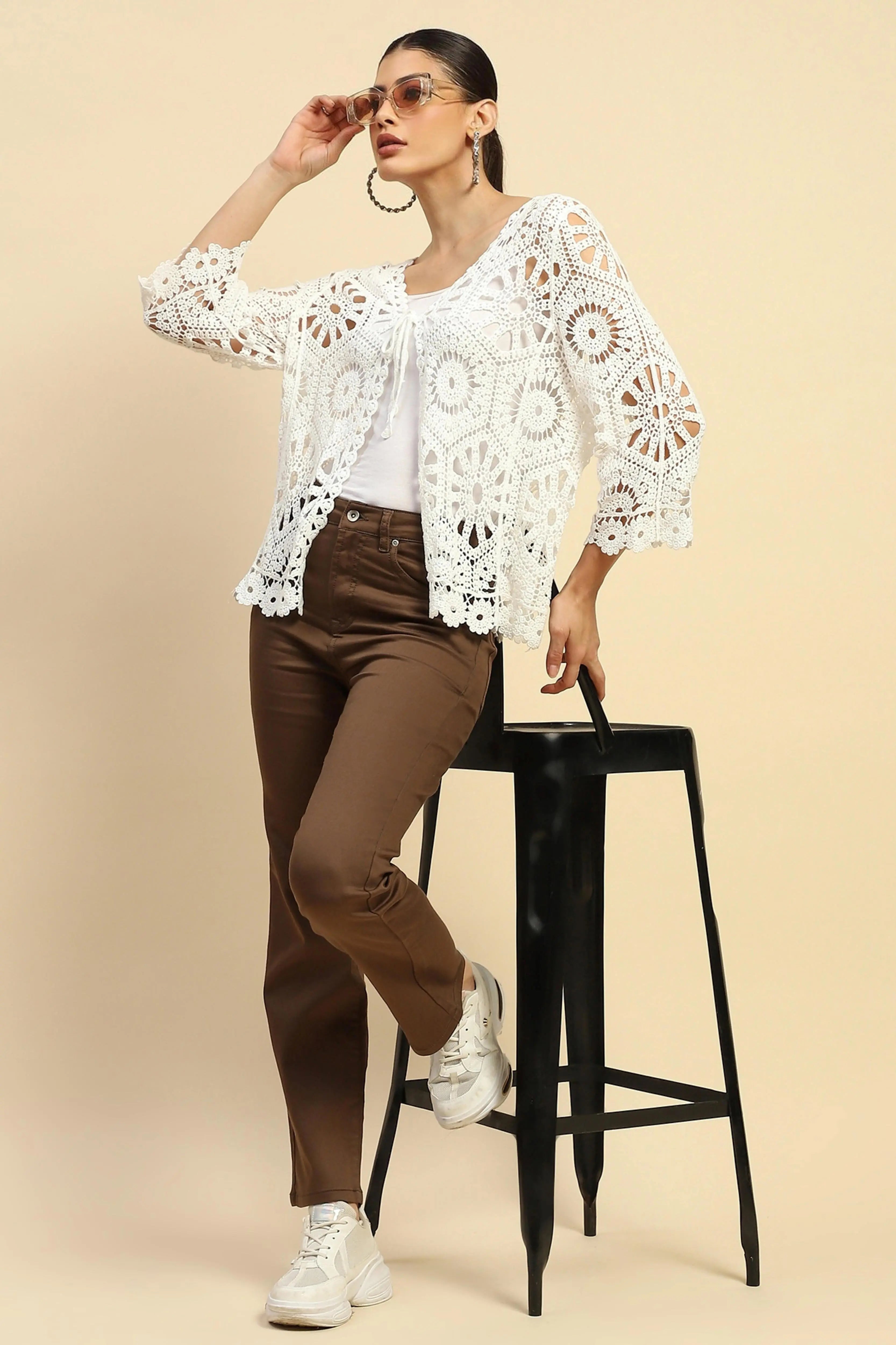 White Cotton Loose Fit Shrug For Women - Global Republic
