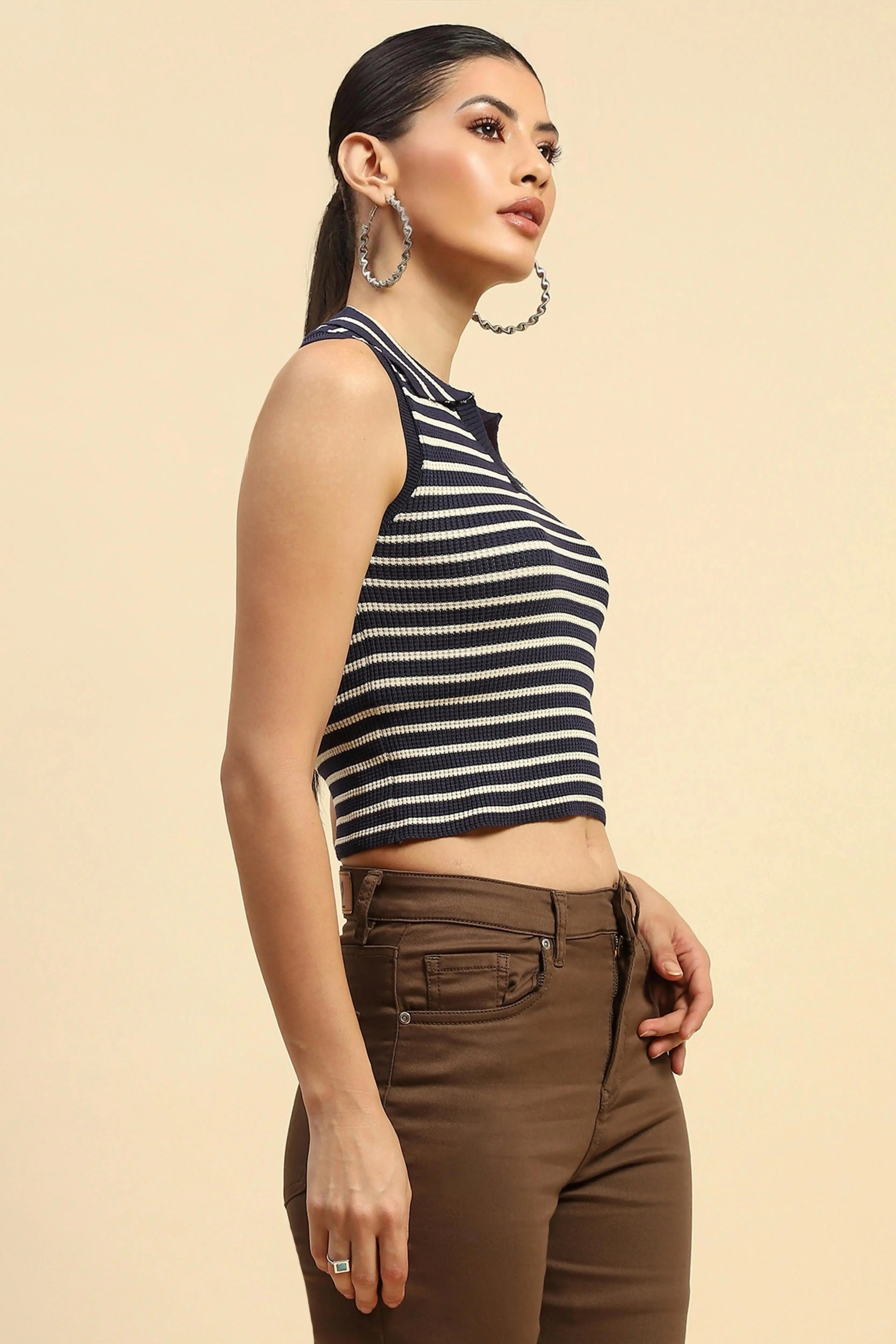 Navy Viscose Striped Slim Crop Top - Global Republic