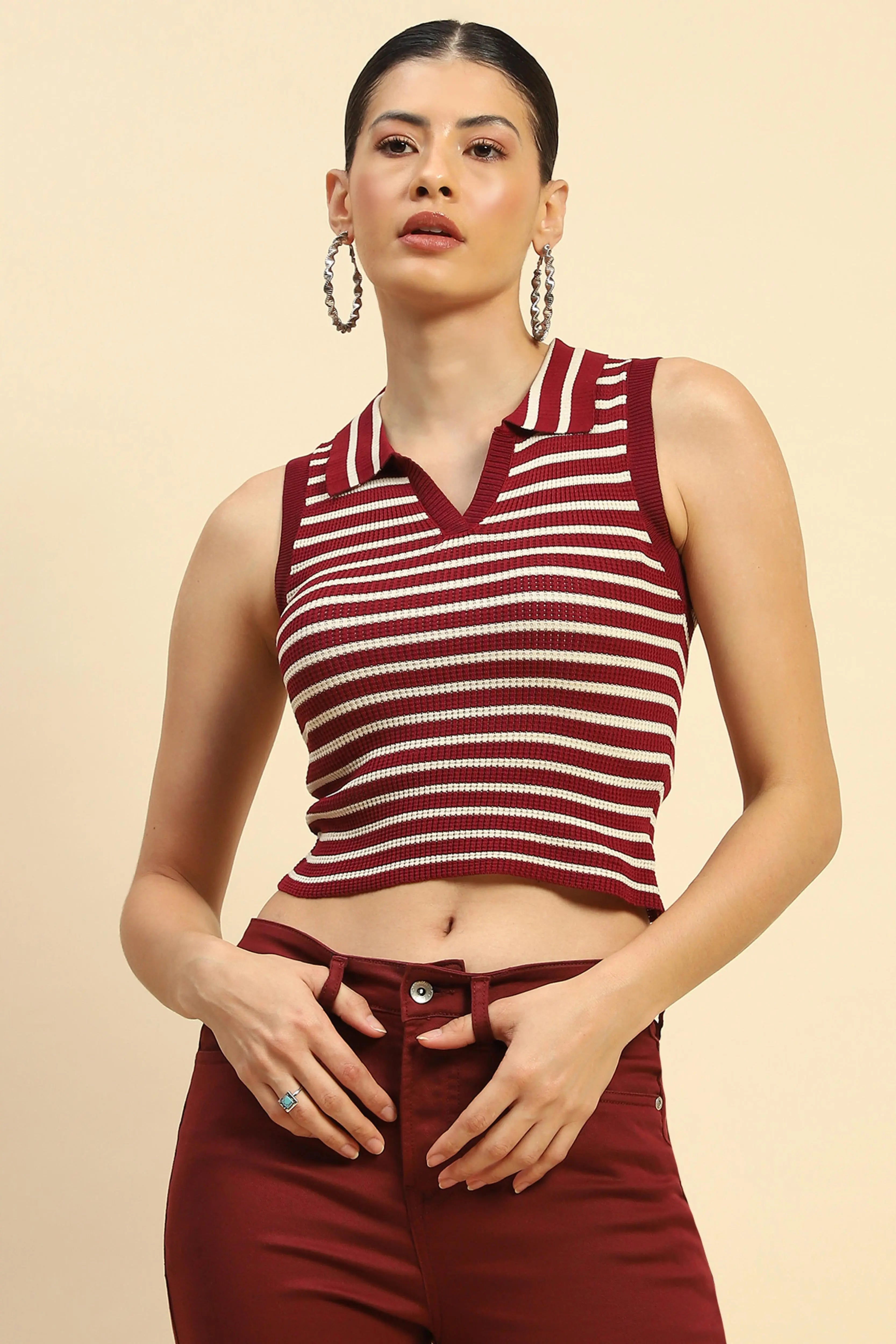Wine Viscose Slim Fit Crop Top For Women - Global Republic