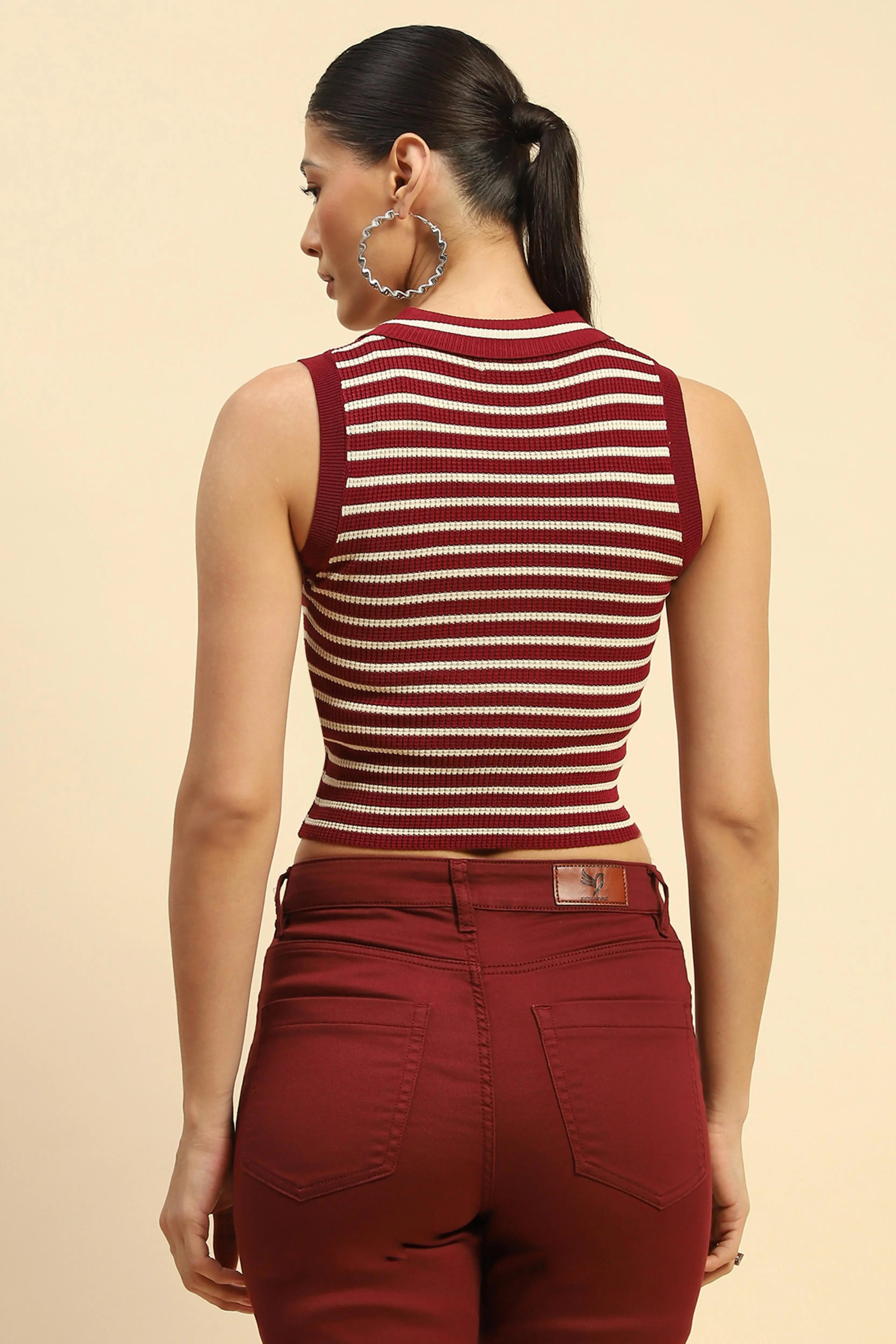 Wine Viscose Slim Fit Crop Top For Women - Global Republic