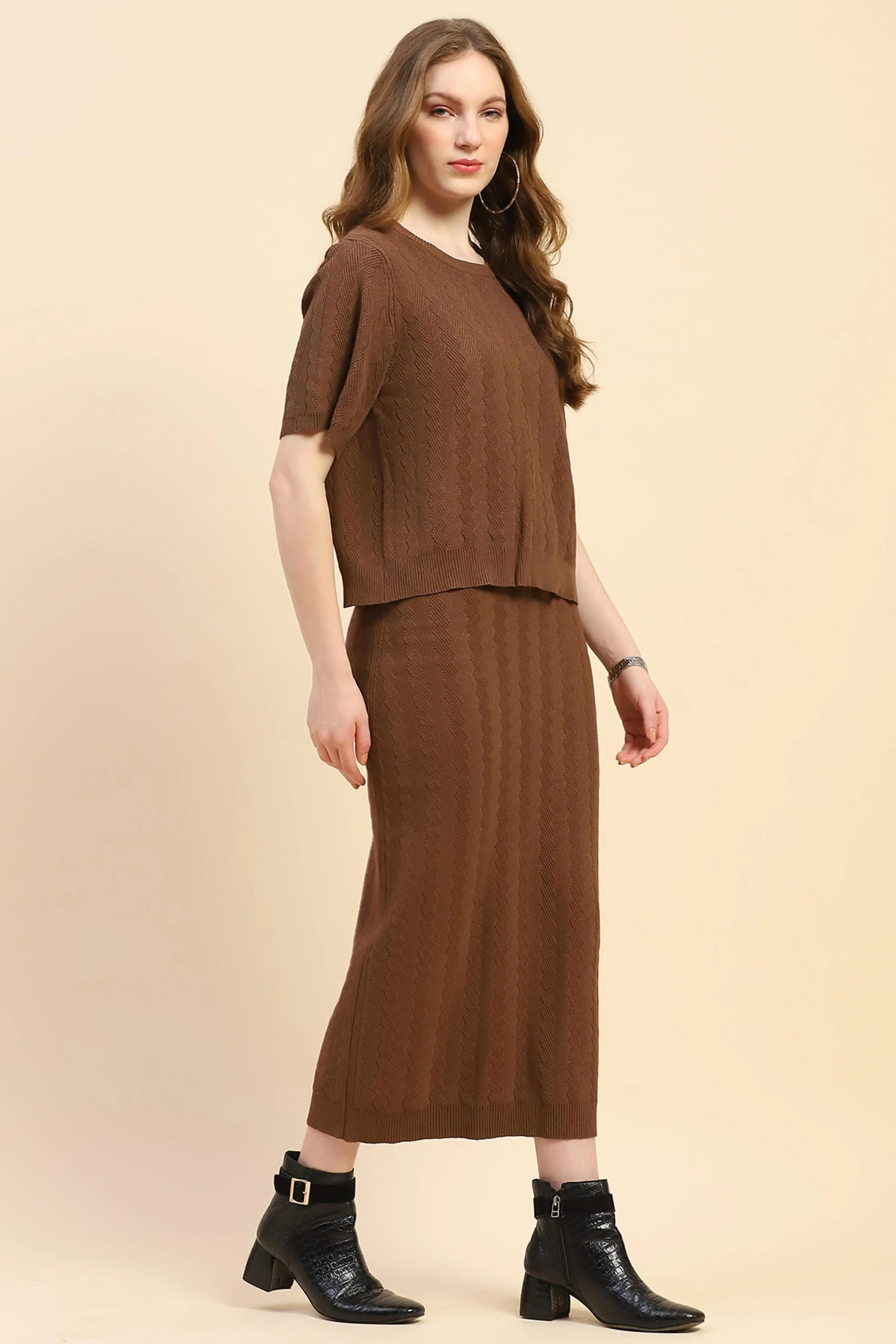 Brown Solid Viscose Blend Co-ord Set - Global Republic