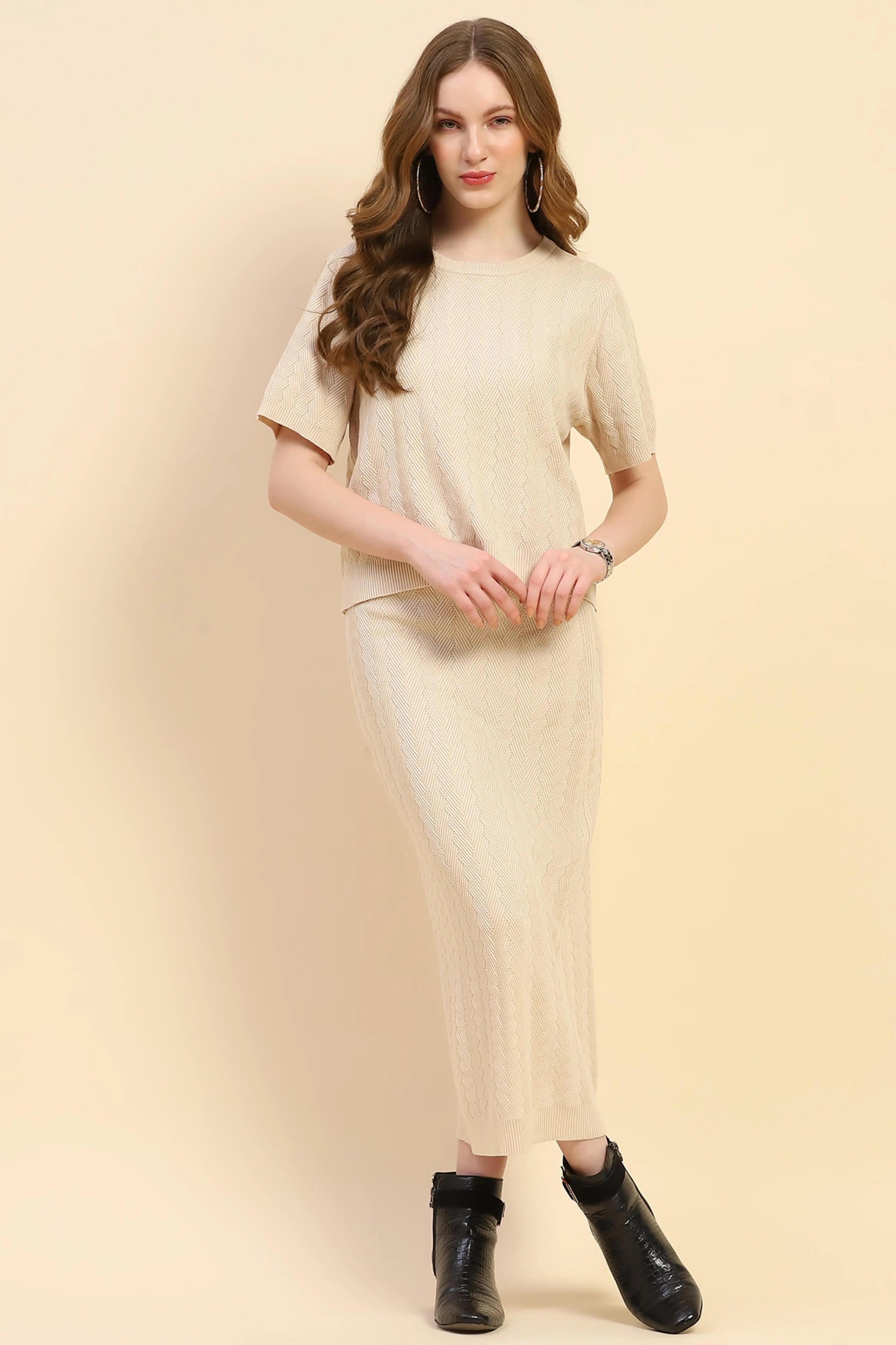 Beige Solid Viscose Blend Co-ord Set - Global Republic