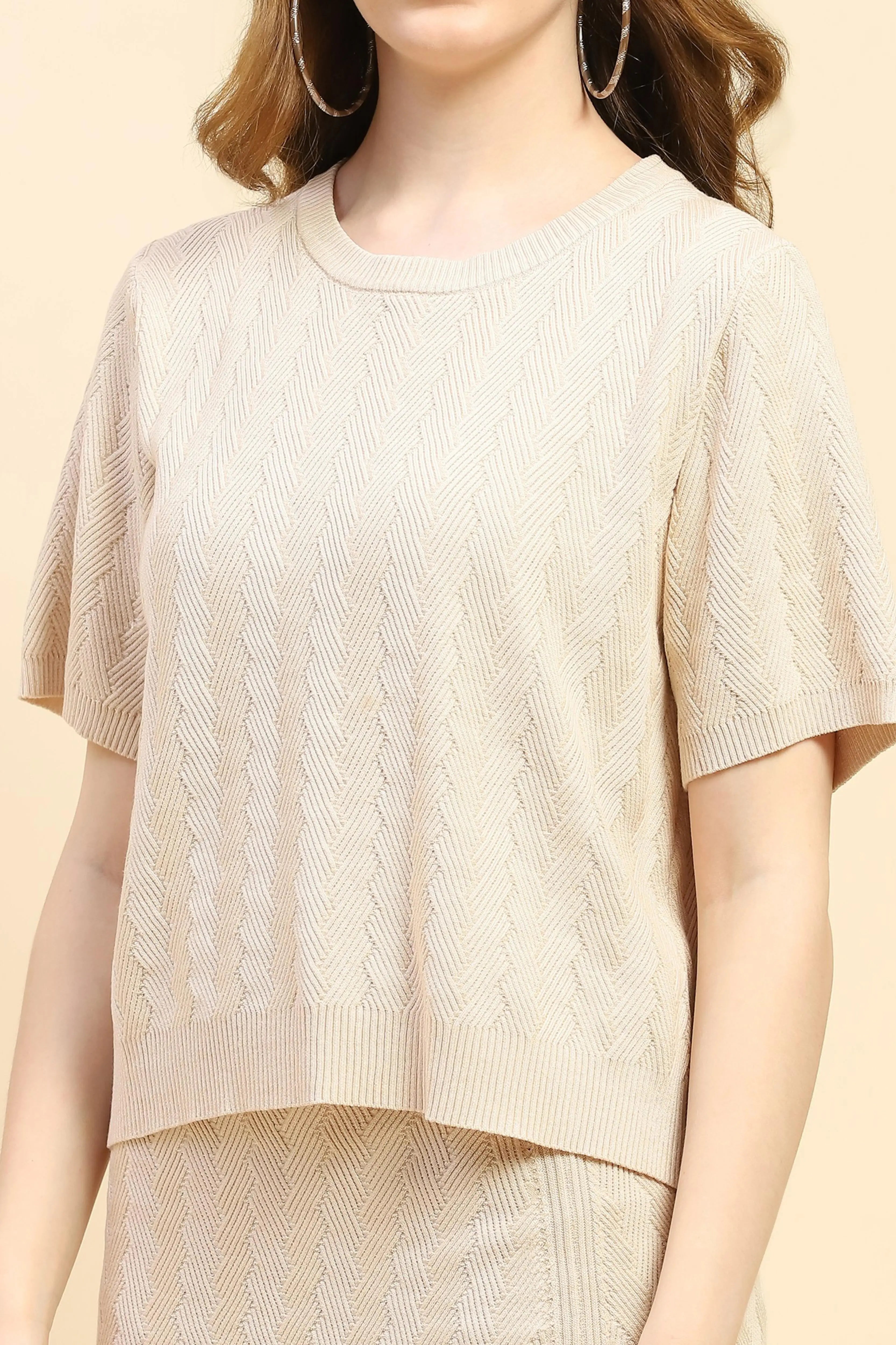 Beige Solid Viscose Blend Co-ord Set - Global Republic