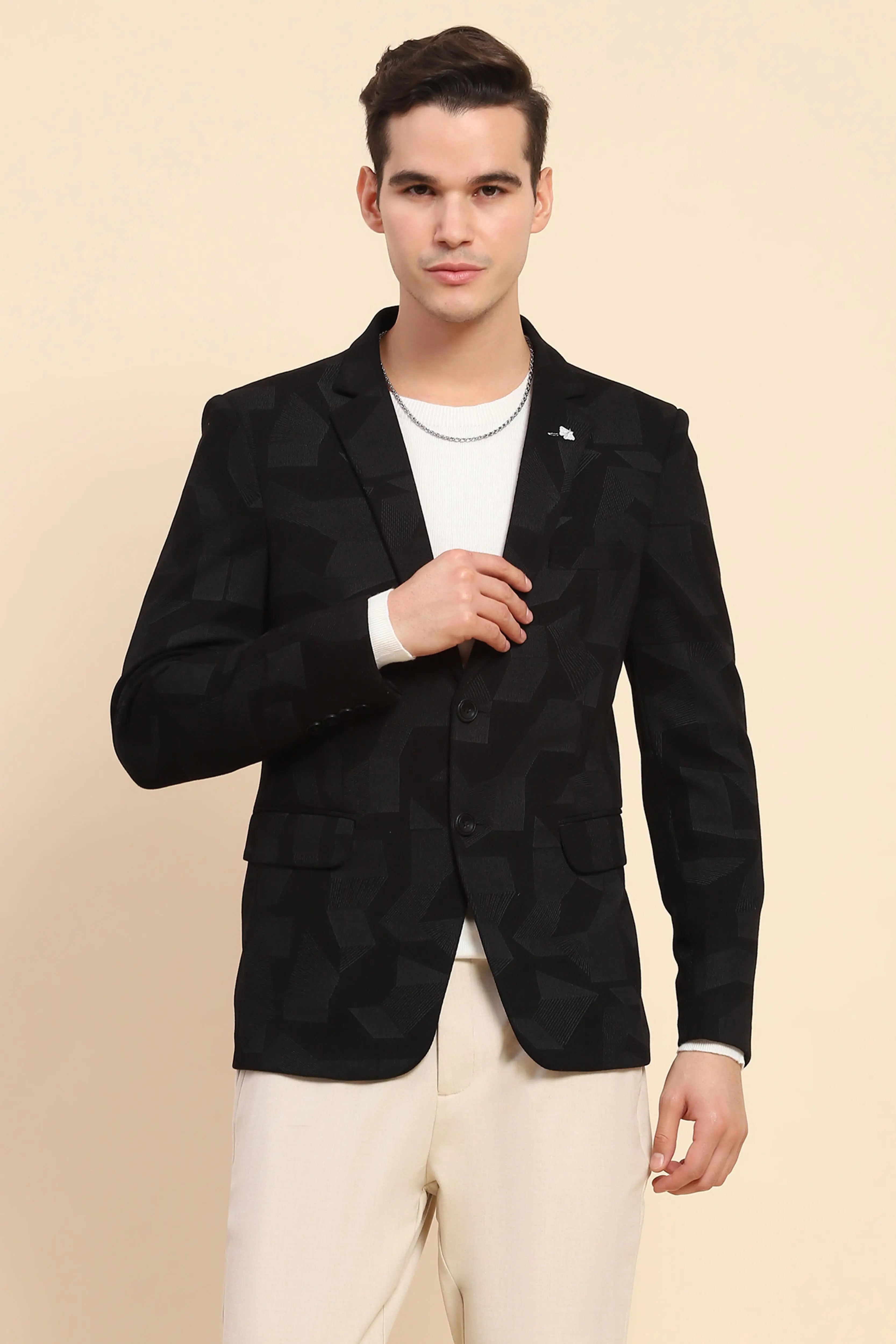 Black Cotton Blend Textured Coat - Global Republic