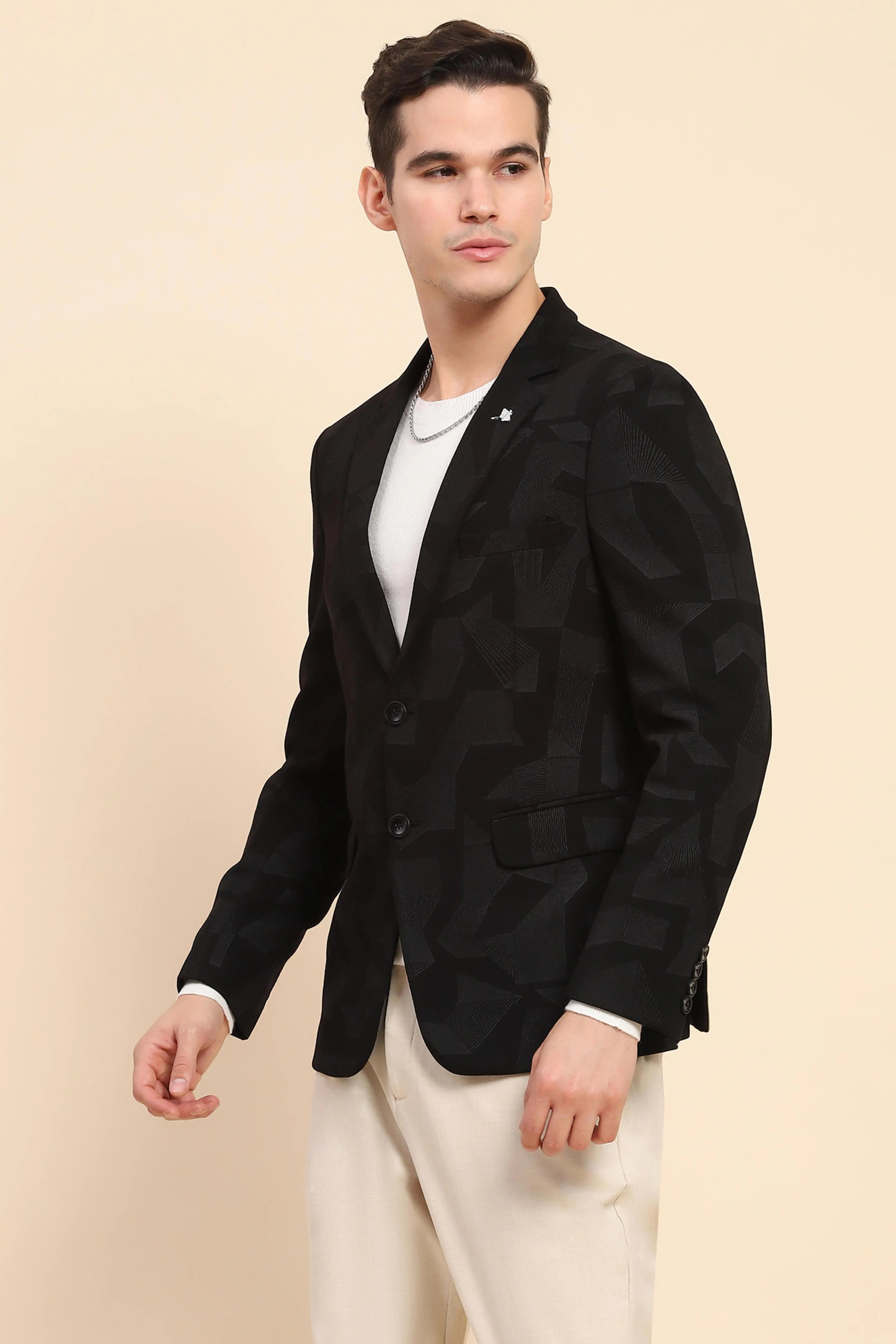 Black Cotton Blend Textured Coat - Global Republic