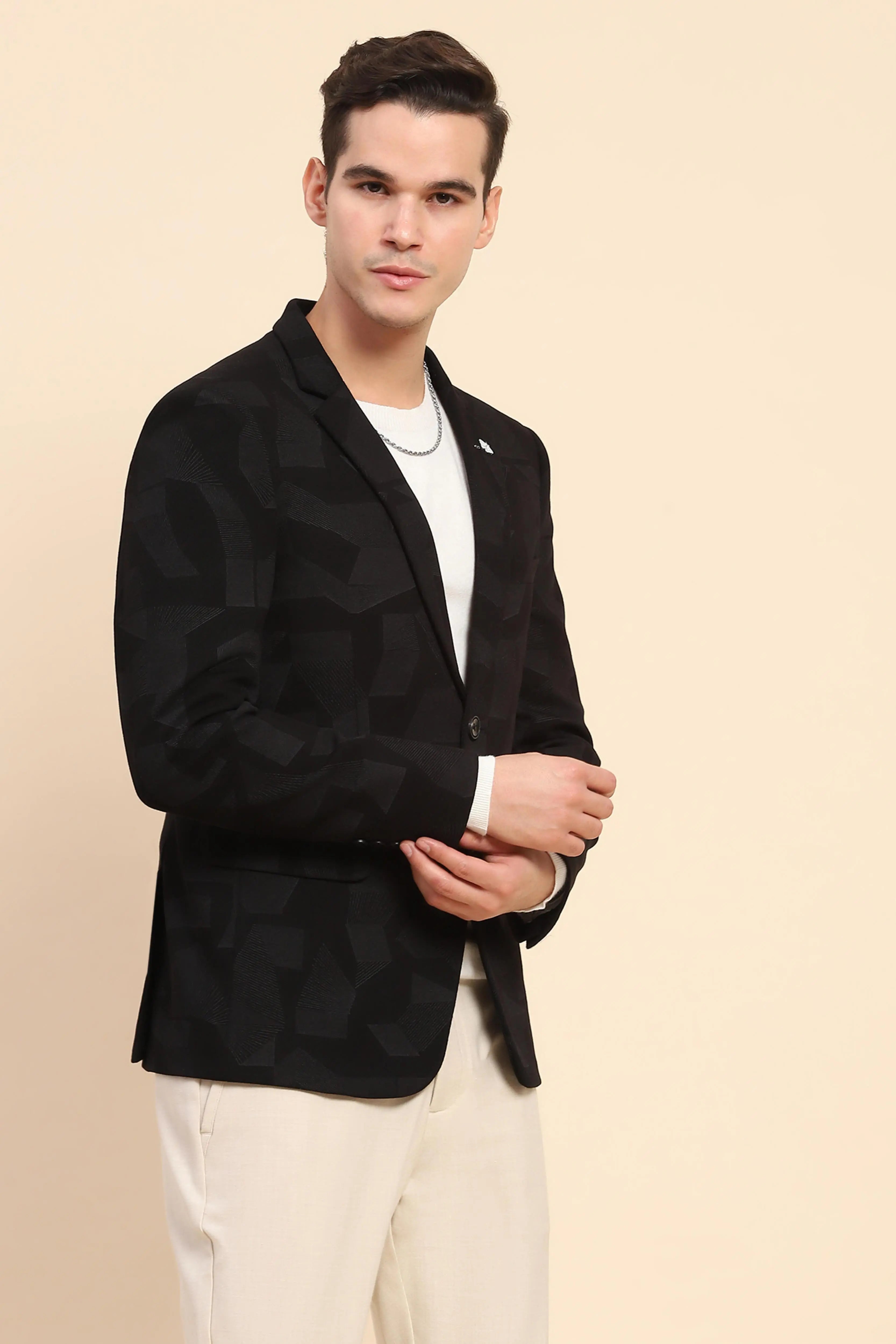 Black Cotton Blend Textured Coat - Global Republic