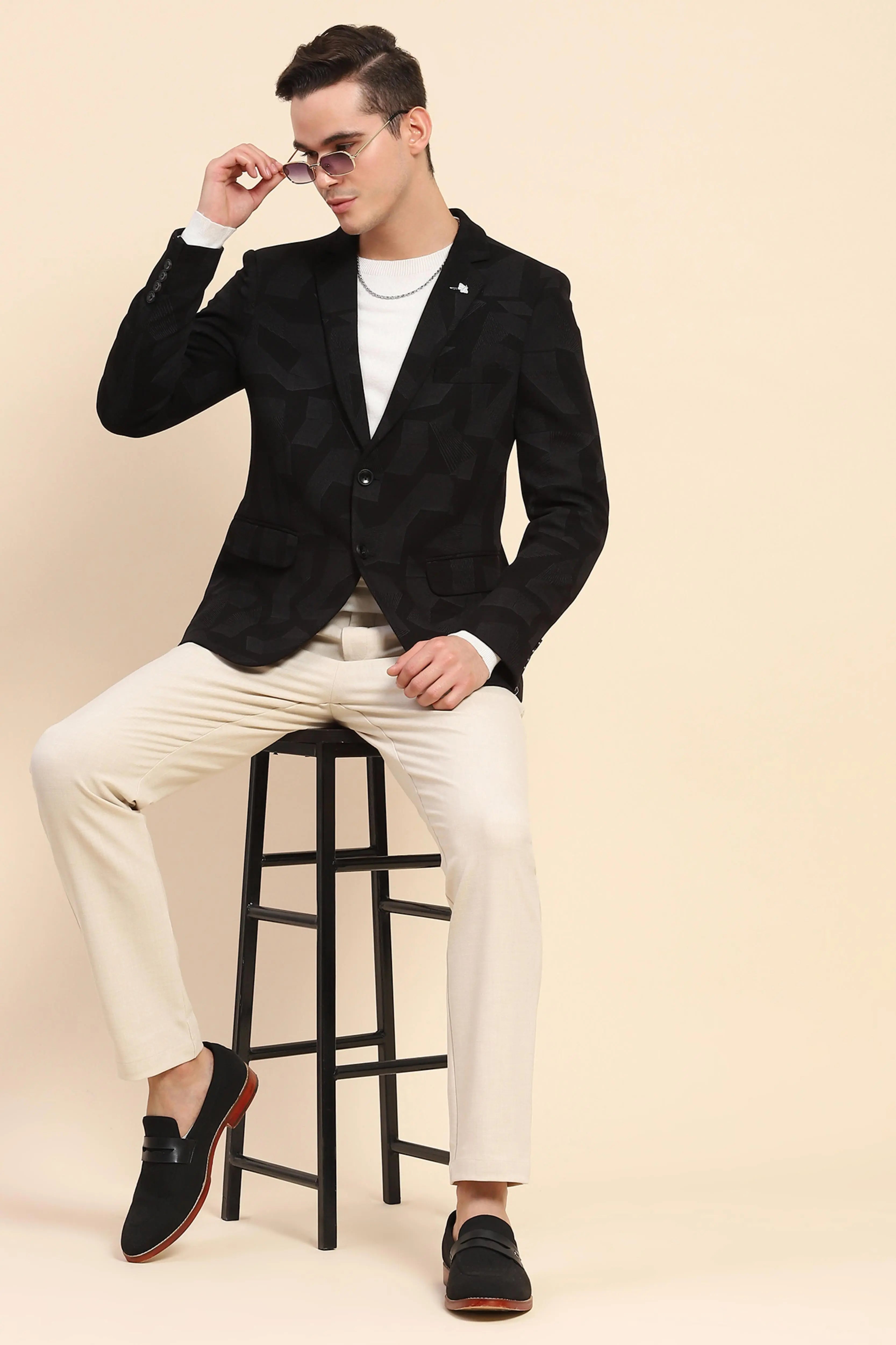 Black Cotton Blend Textured Coat - Global Republic