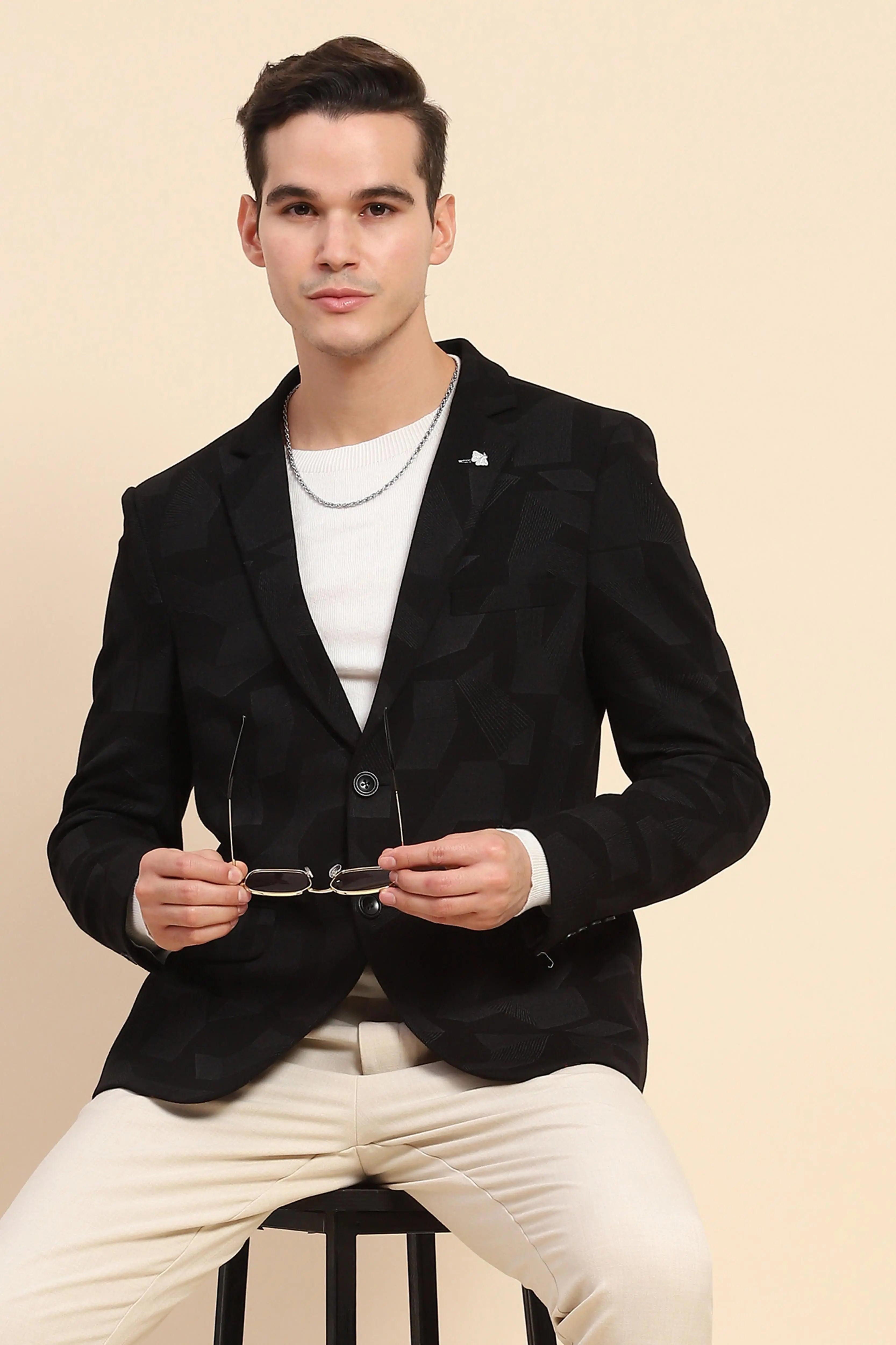 Black Cotton Blend Textured Coat - Global Republic