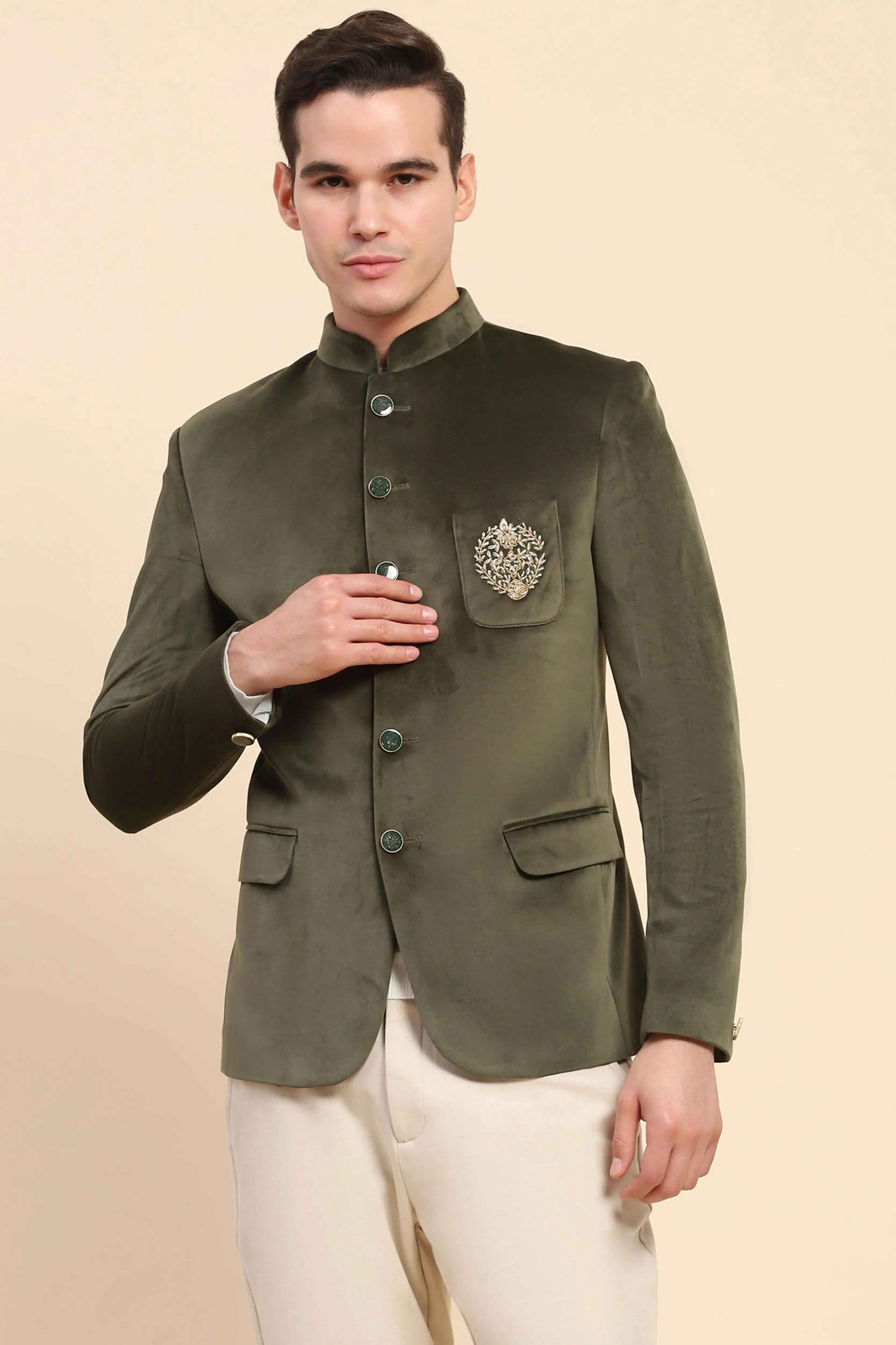 Olive Velvet Zari Embroidered Coat - Global Republic