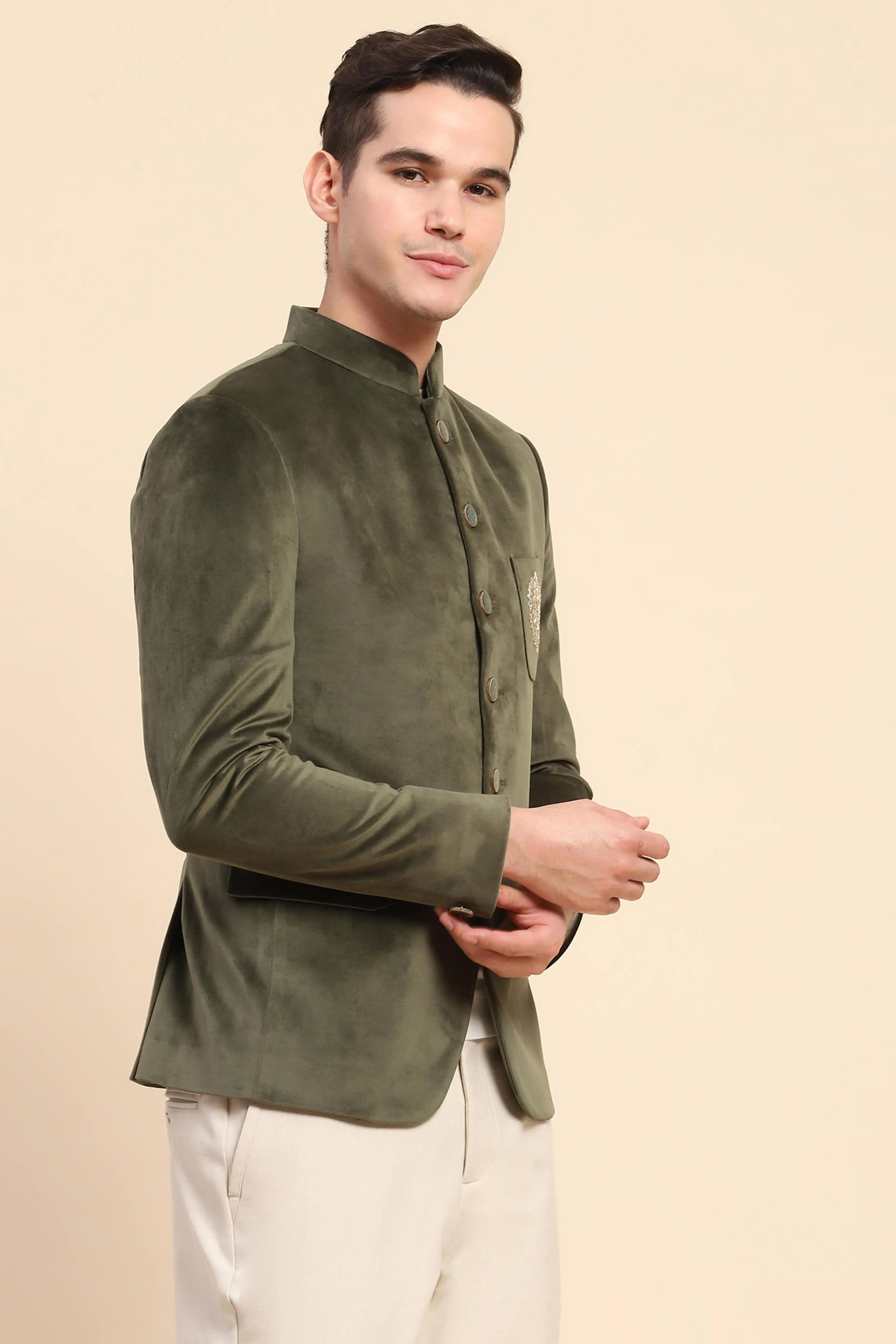 Olive Velvet Zari Embroidered Coat - Global Republic