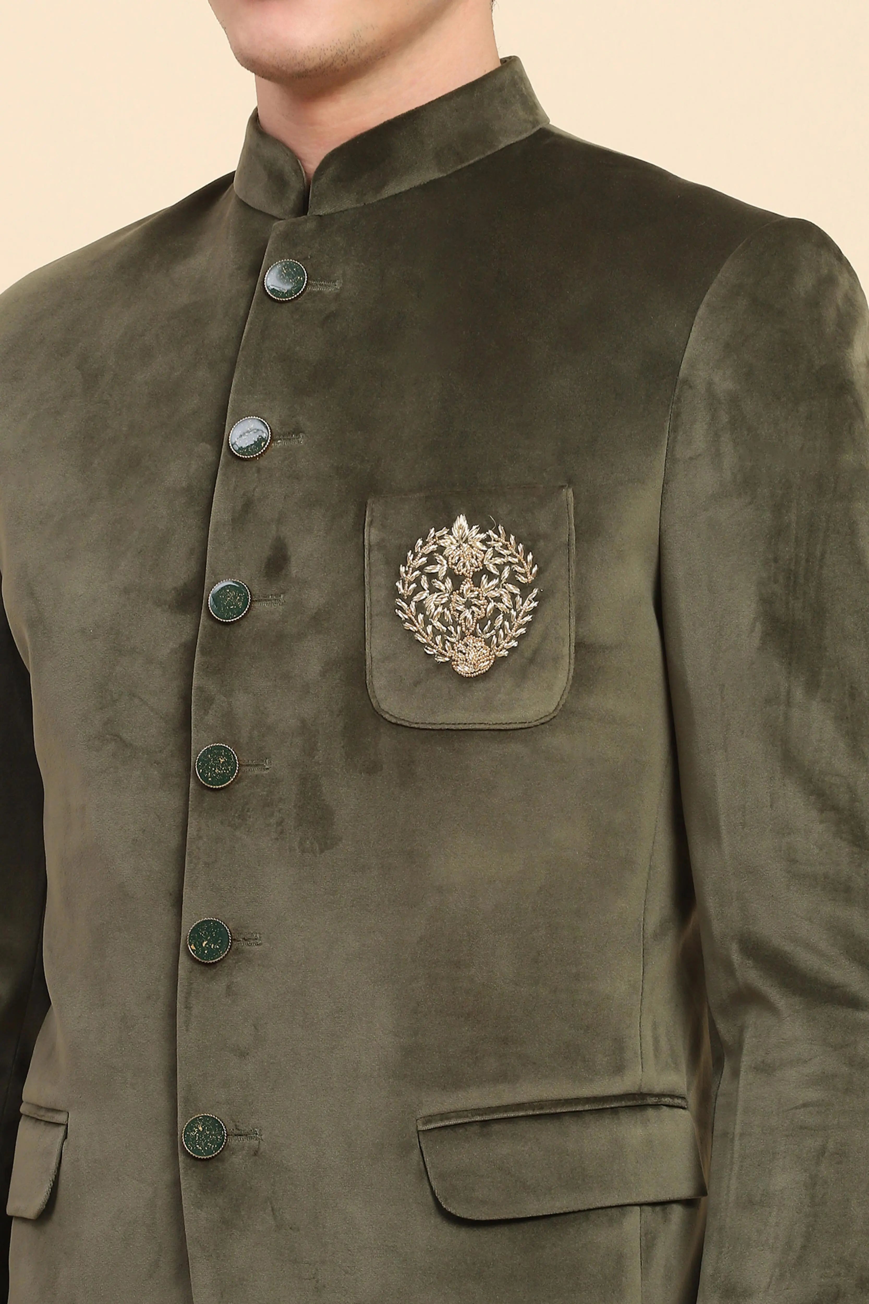 Olive Velvet Zari Embroidered Coat - Global Republic