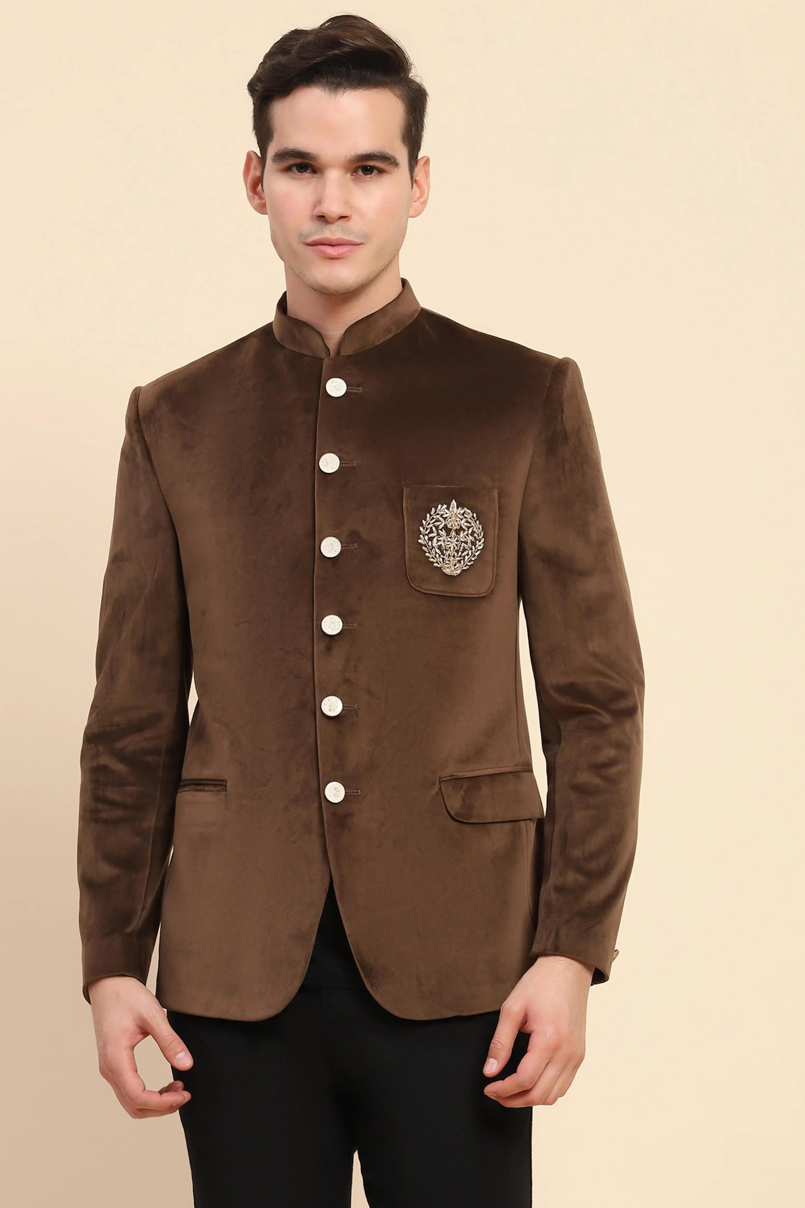 Brown Velvet Zari Embroidered Winter Wear Coat - Global Republic