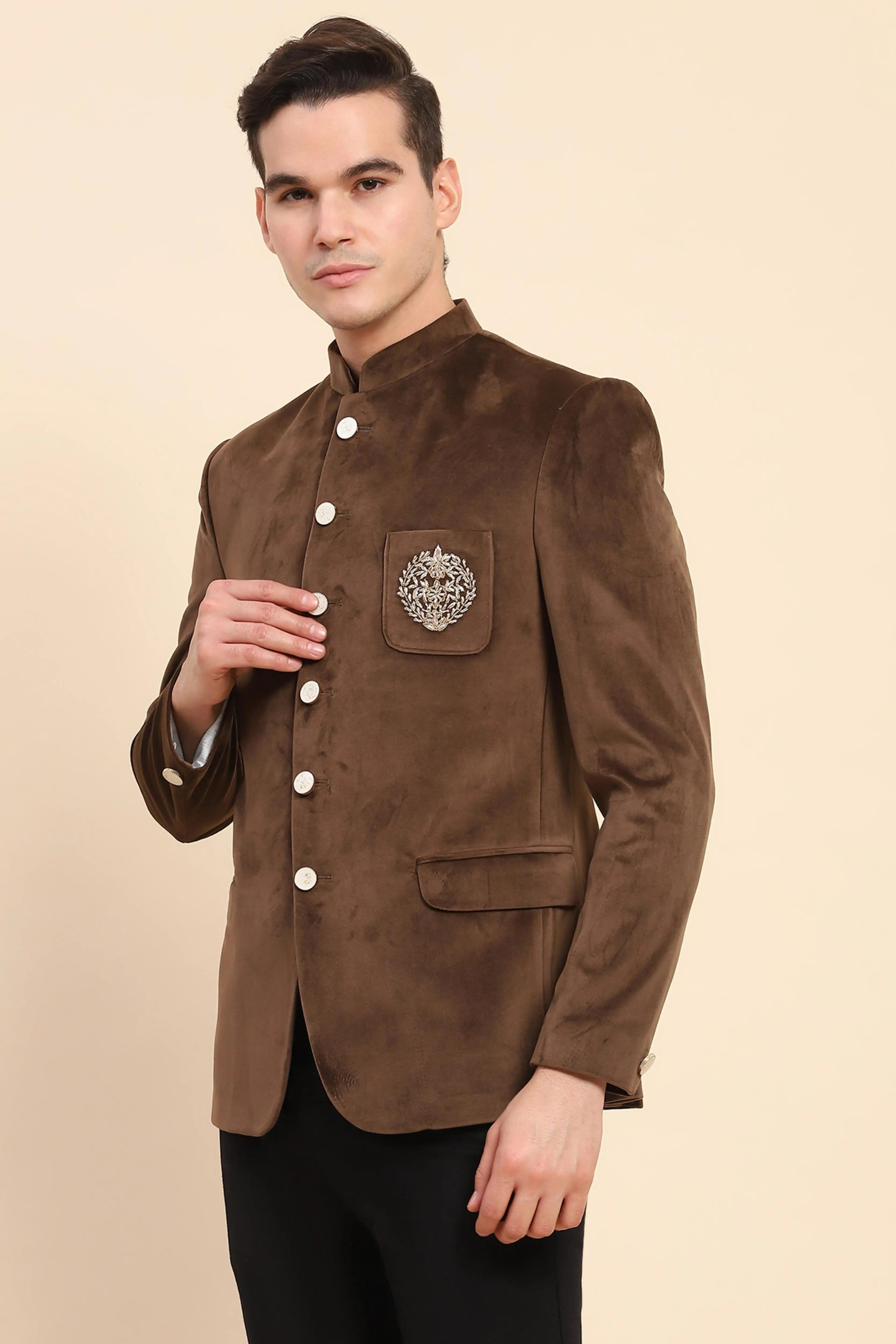 Brown Velvet Zari Embroidered Winter Wear Coat - Global Republic