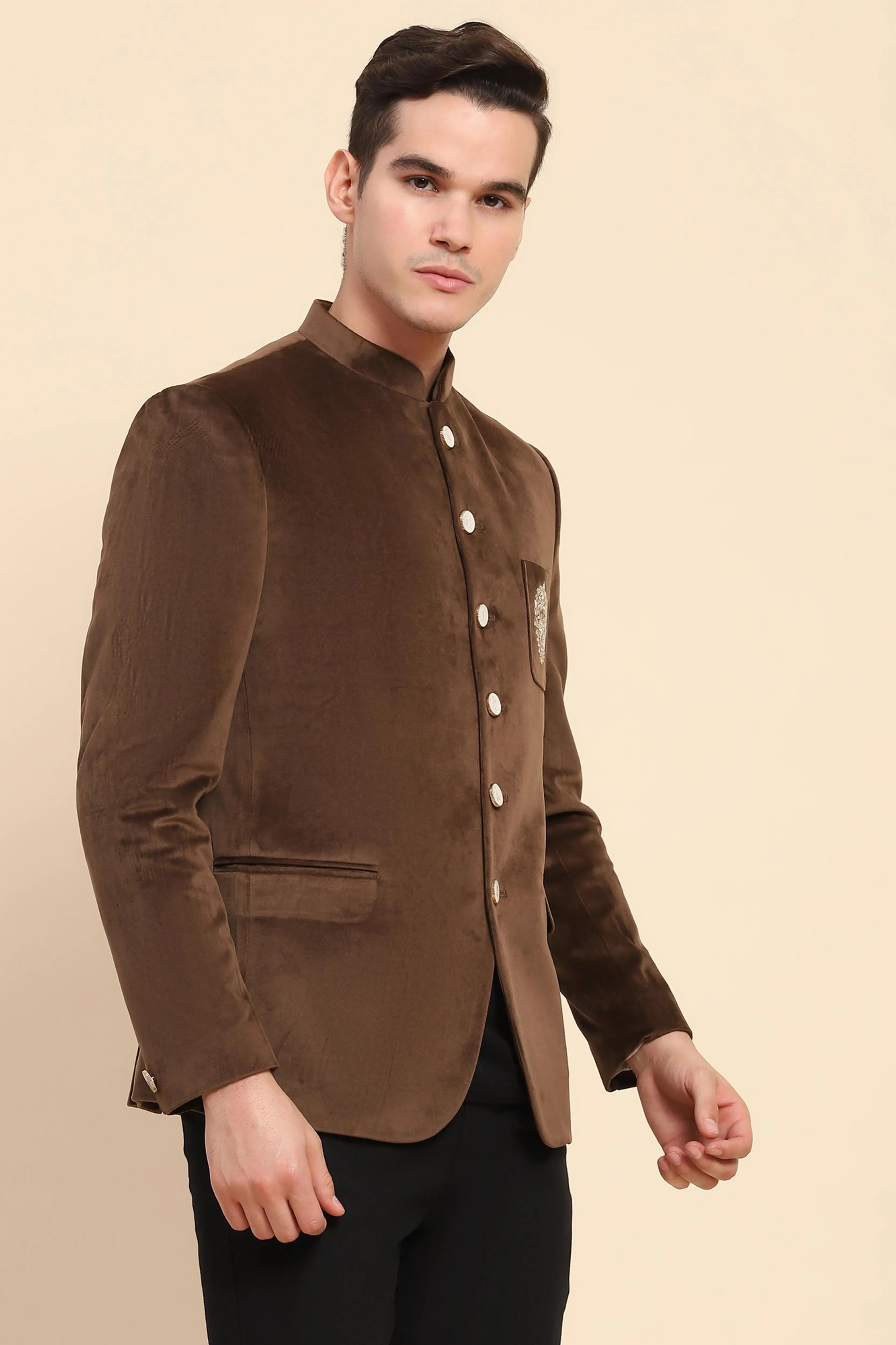 Brown Velvet Zari Embroidered Winter Wear Coat - Global Republic
