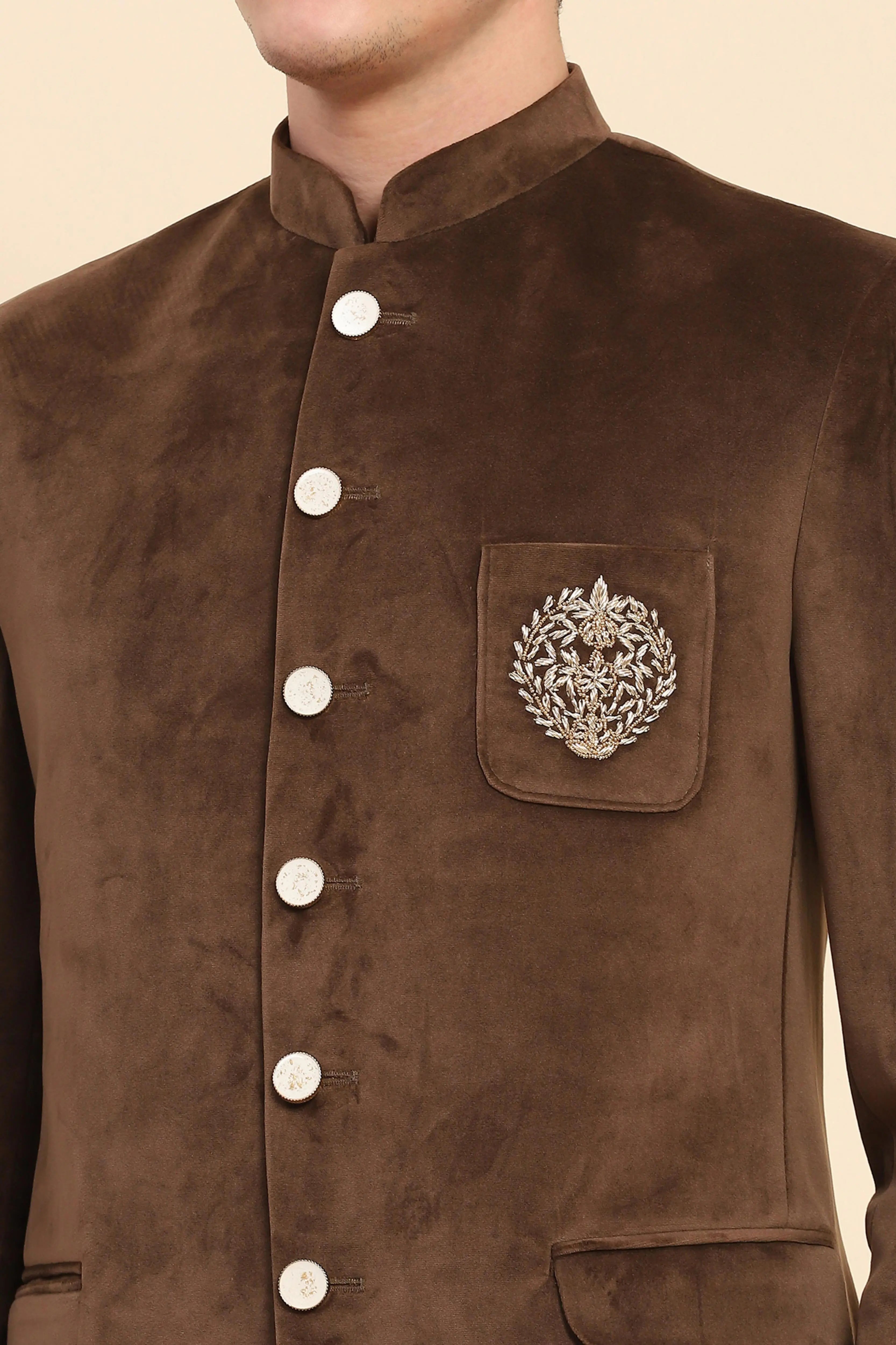 Brown Velvet Zari Embroidered Winter Wear Coat - Global Republic