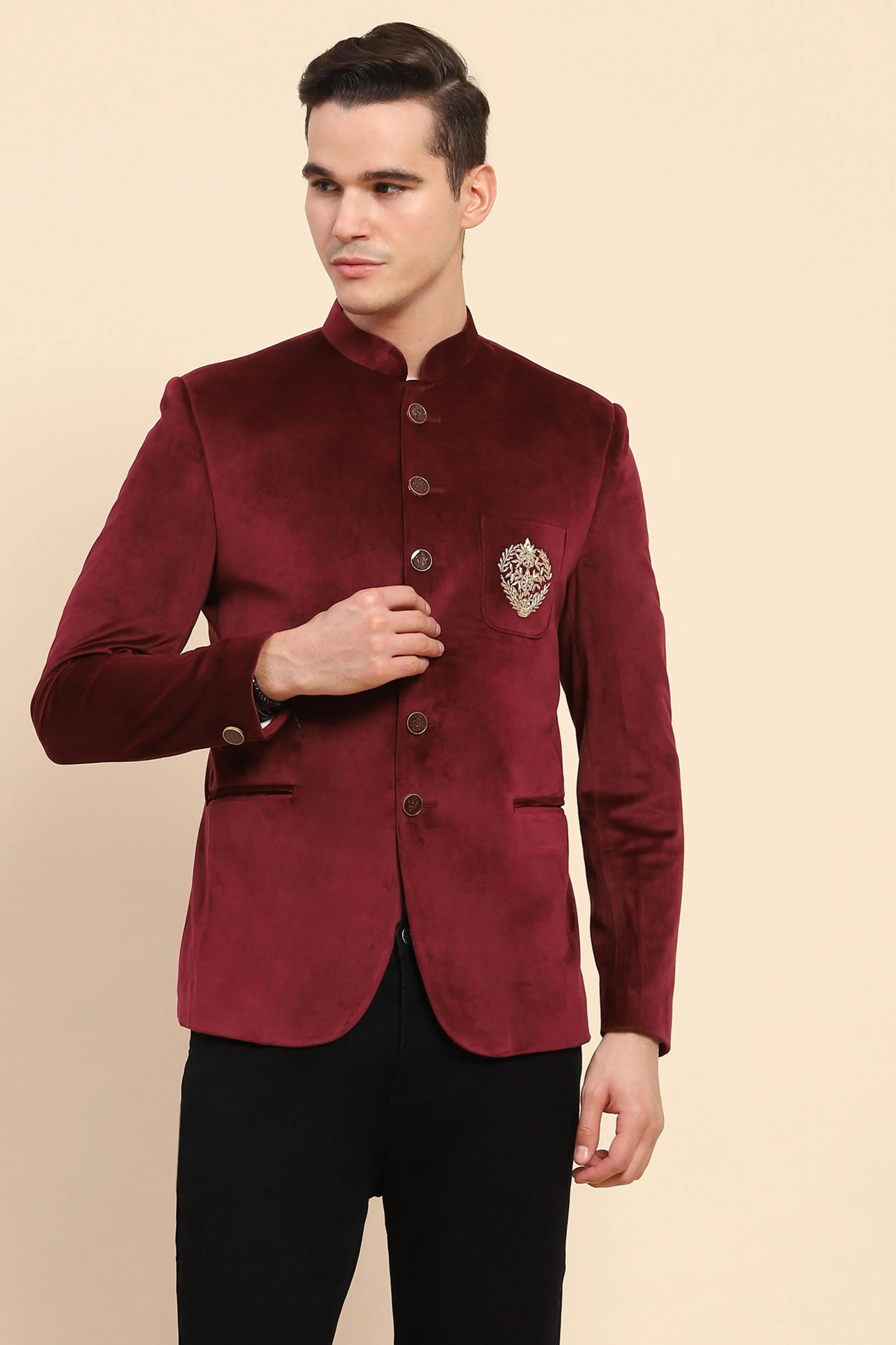 Maroon Velvet Zari Embroidered Coat - Global Republic